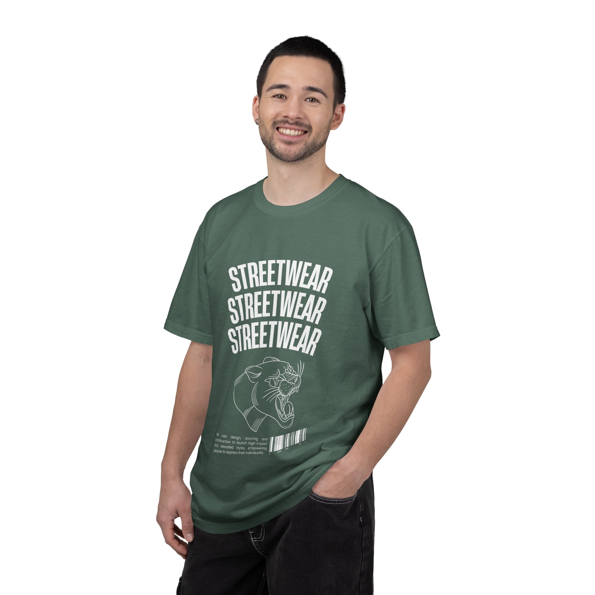 Streetwear Panther T‑Shirt — Graphic Garment-Dyed Tee with 'STREETWEAR' Text & Barcode