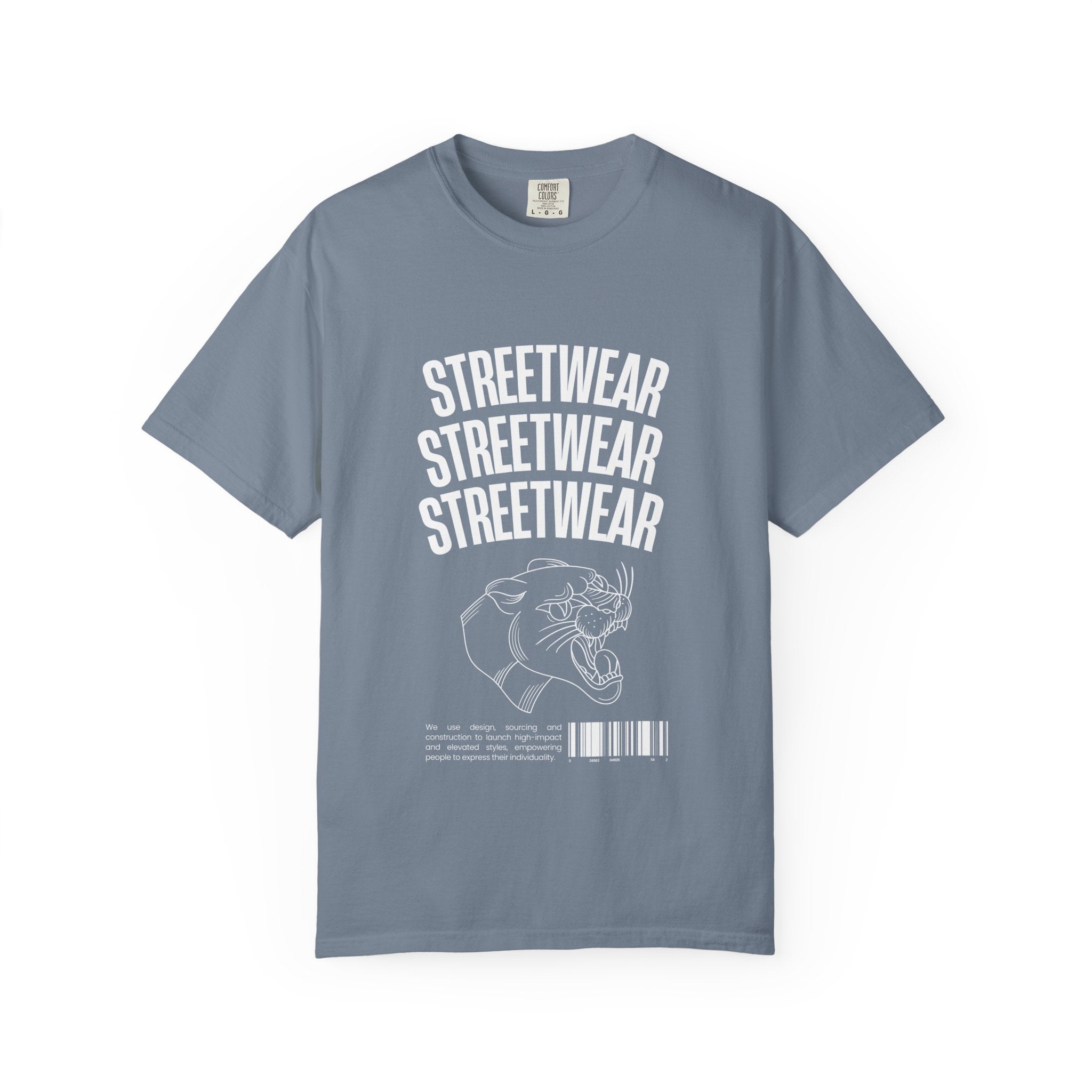 Streetwear Panther T‑Shirt — Graphic Garment-Dyed Tee with 'STREETWEAR' Text & Barcode