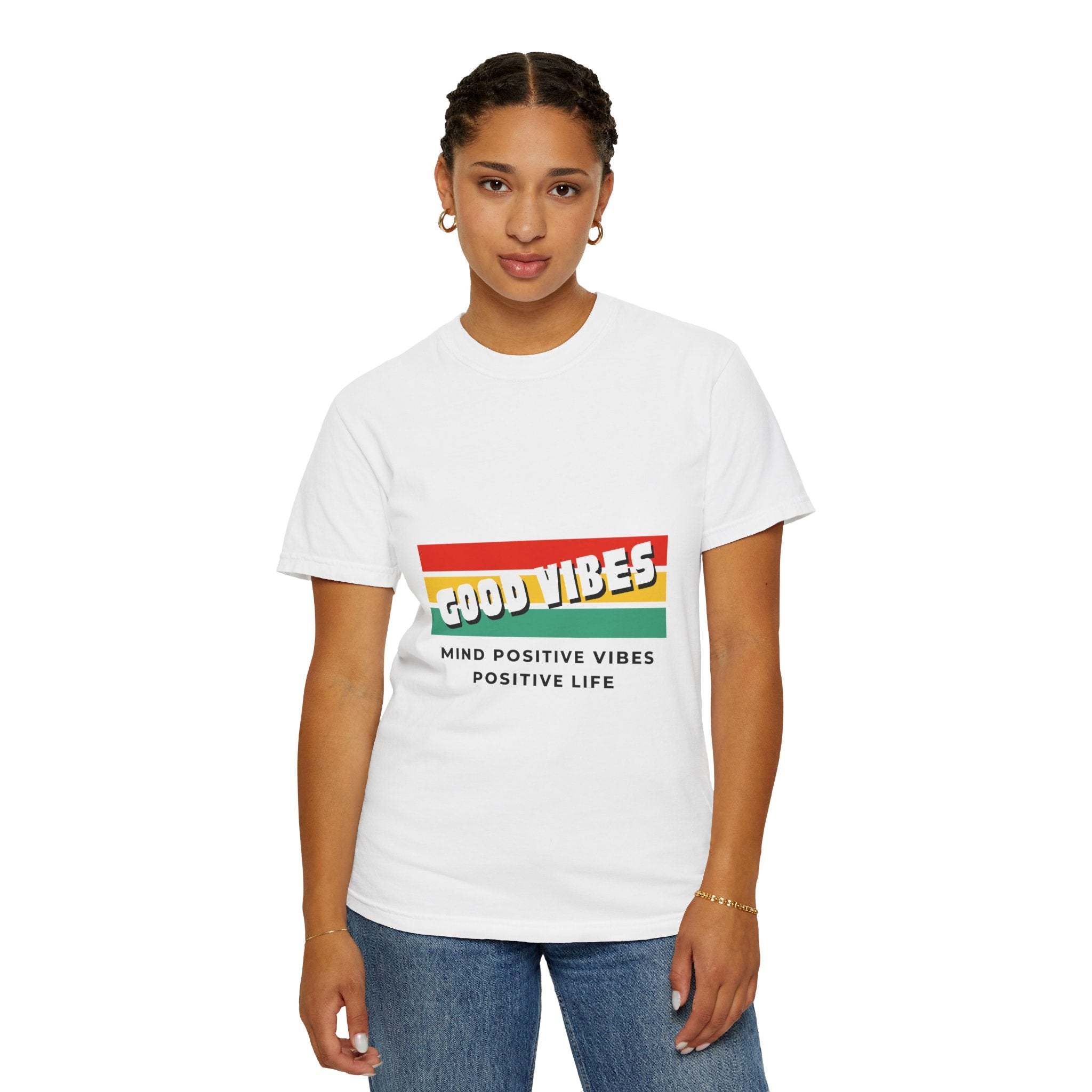 Good Vibes T-Shirt — Retro Stripes “Mind Positive Vibes, Positive Life”