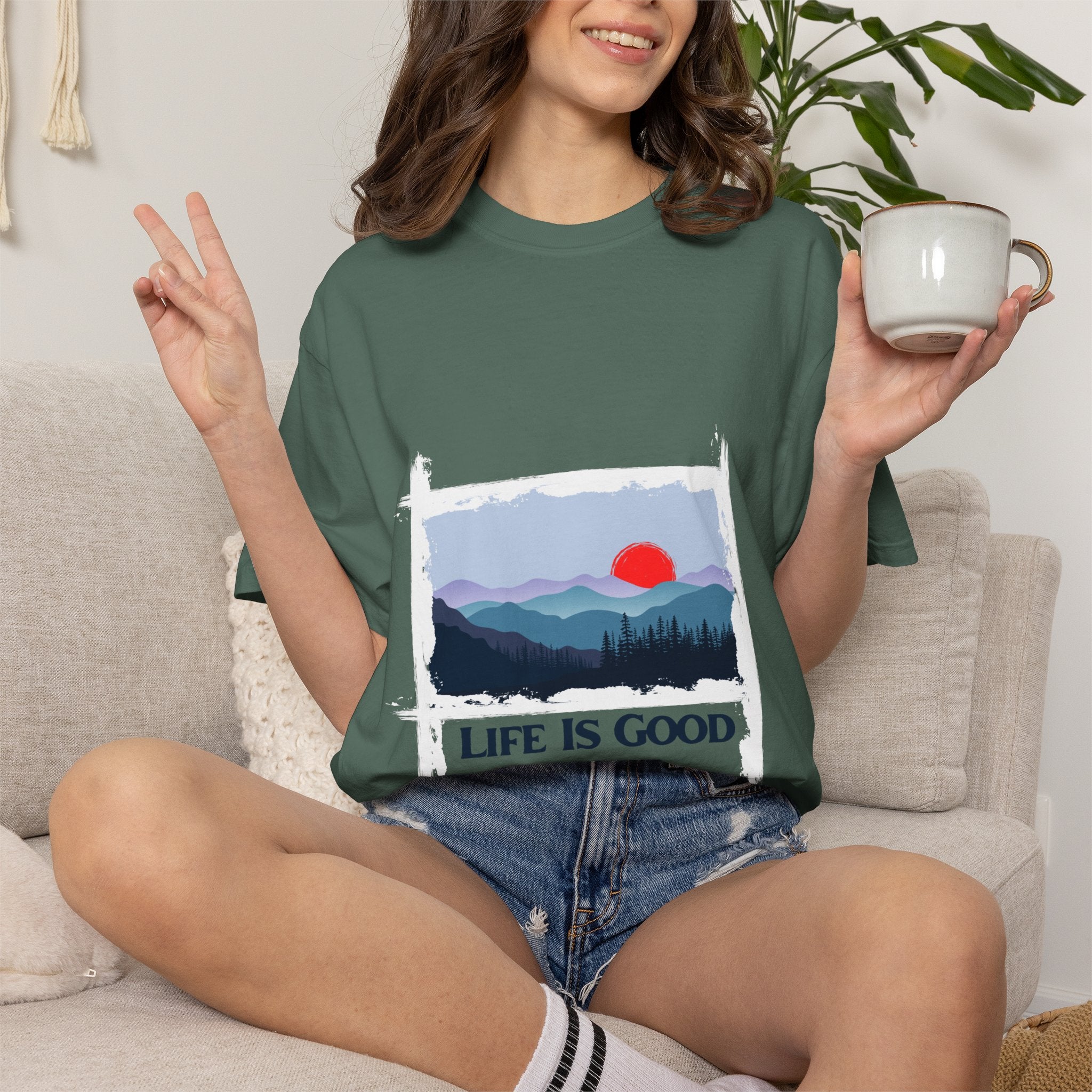 Life Is Good Mountain T-Shirt — Scenic Sunrise Graphic Tee