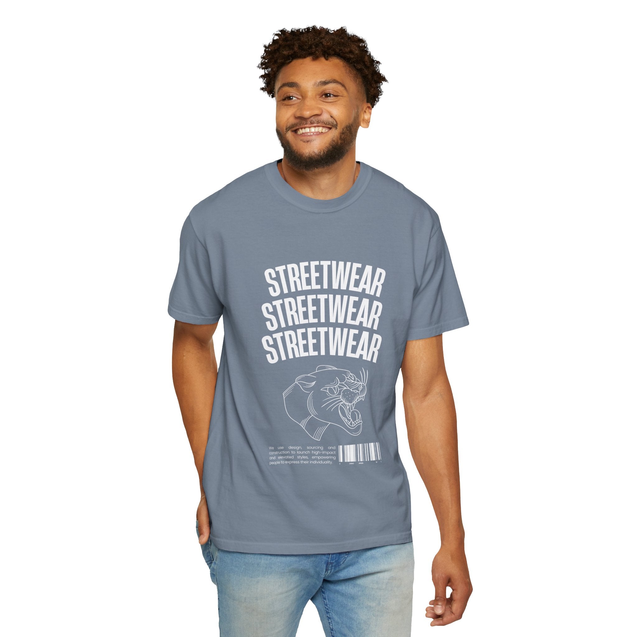 Streetwear Panther T‑Shirt — Graphic Garment-Dyed Tee with 'STREETWEAR' Text & Barcode
