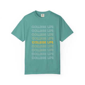 College Life Tee — Retro Repeated Text Graphic T-Shirt
