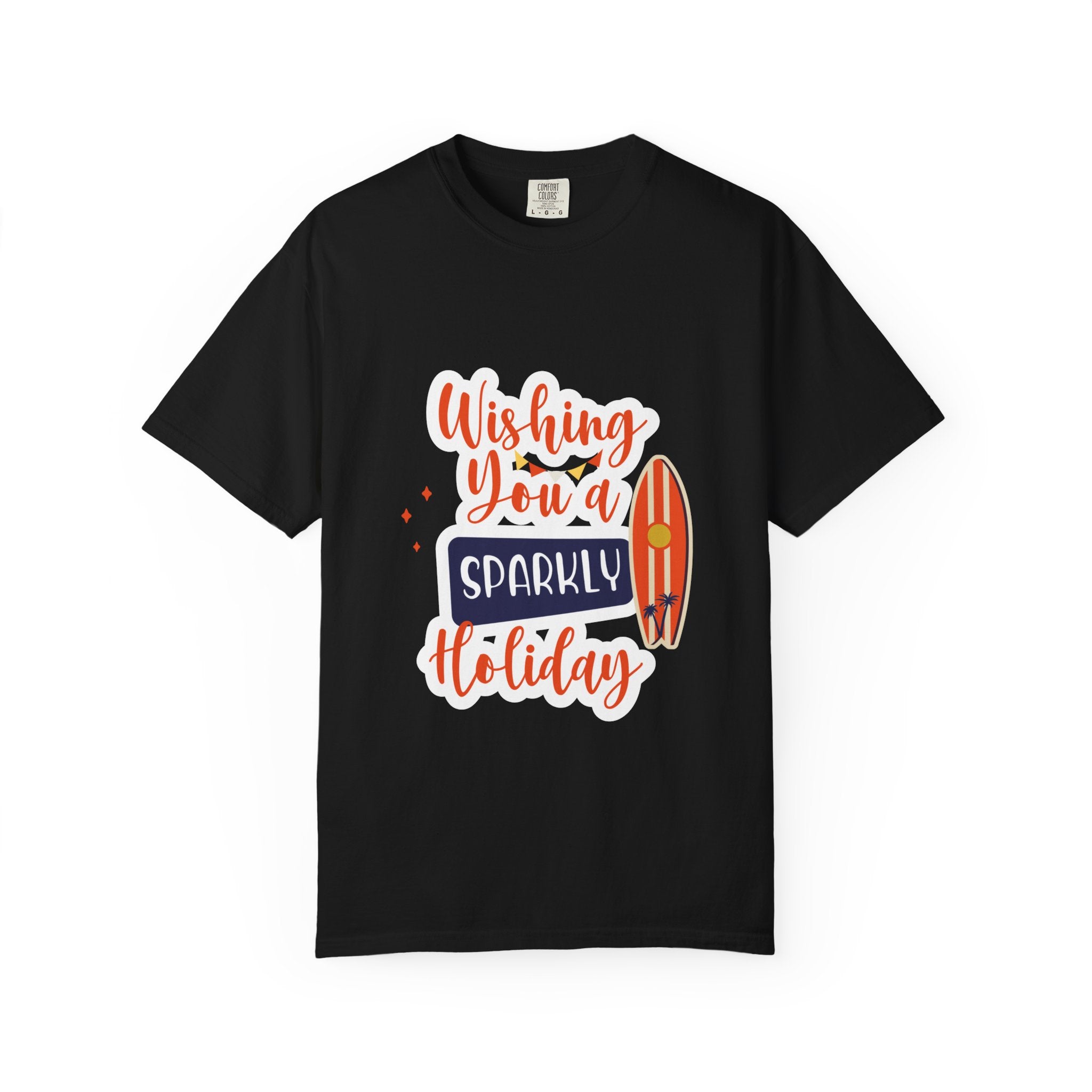 Holiday Surfboard T‑Shirt — "Wishing You a Sparkly Holiday" Beachy Christmas Tee