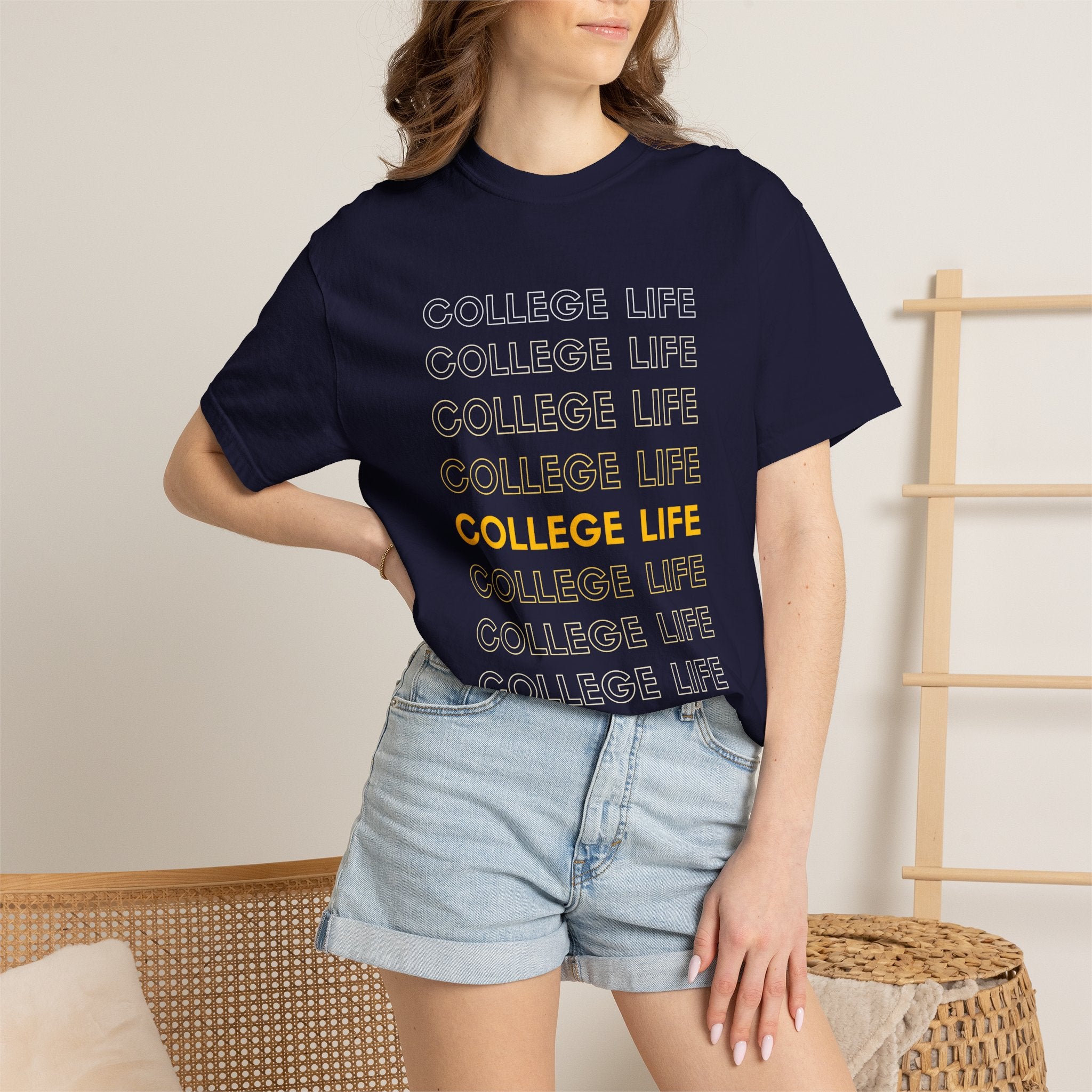 College Life Tee — Retro Repeated Text Graphic T-Shirt