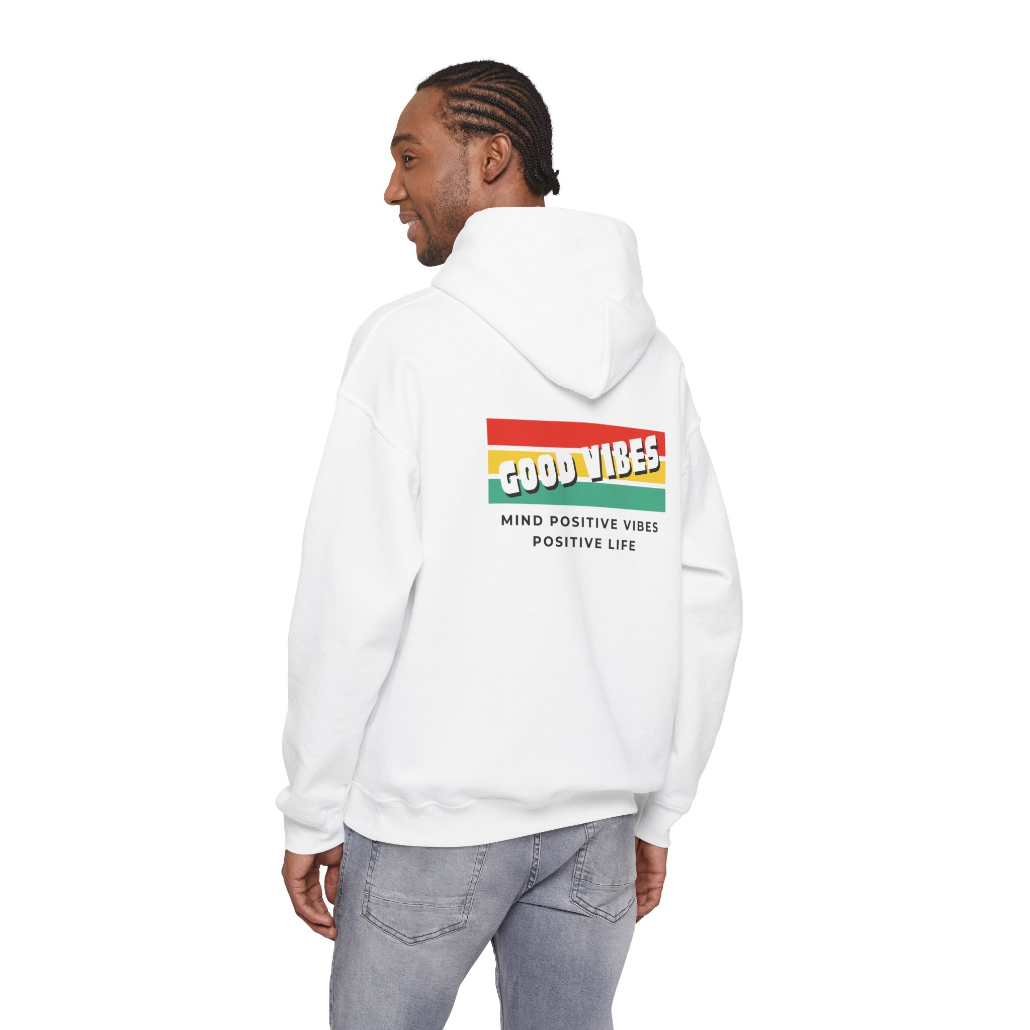 Good Vibes Hoodie — Retro Striped “MIND POSITIVE VIBES • POSITIVE LIFE” Graphic Hoodie