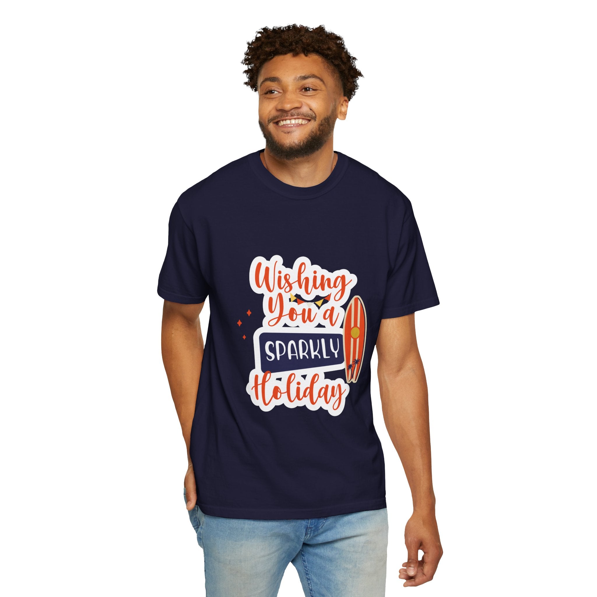 Holiday Surfboard T‑Shirt — "Wishing You a Sparkly Holiday" Beachy Christmas Tee