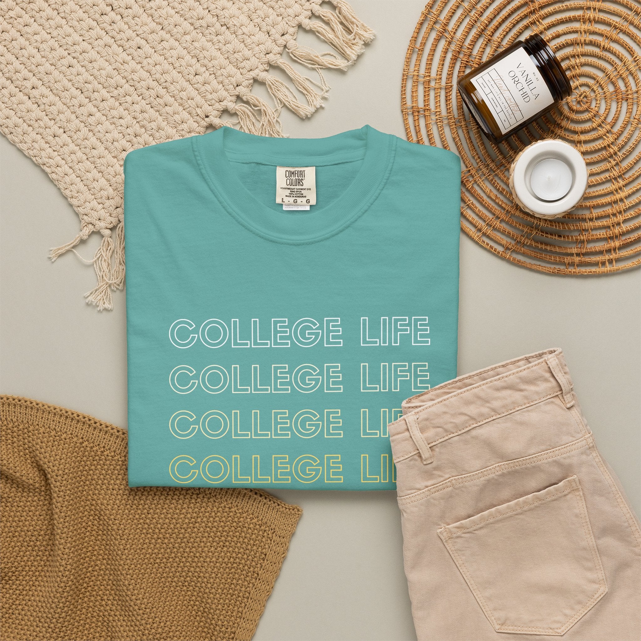 College Life Tee — Retro Repeated Text Graphic T-Shirt