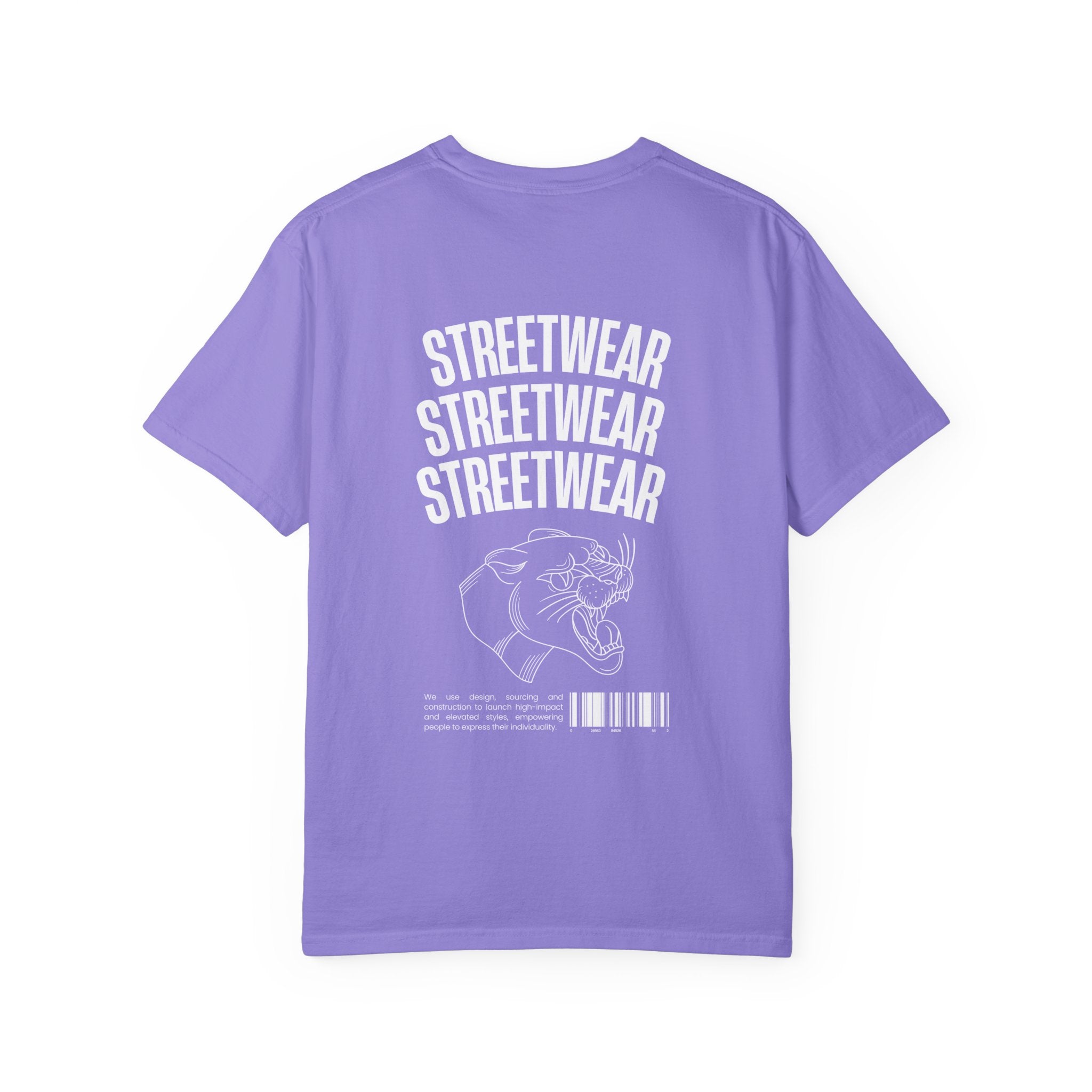 Streetwear Panther T‑Shirt — Graphic Garment-Dyed Tee with 'STREETWEAR' Text & Barcode