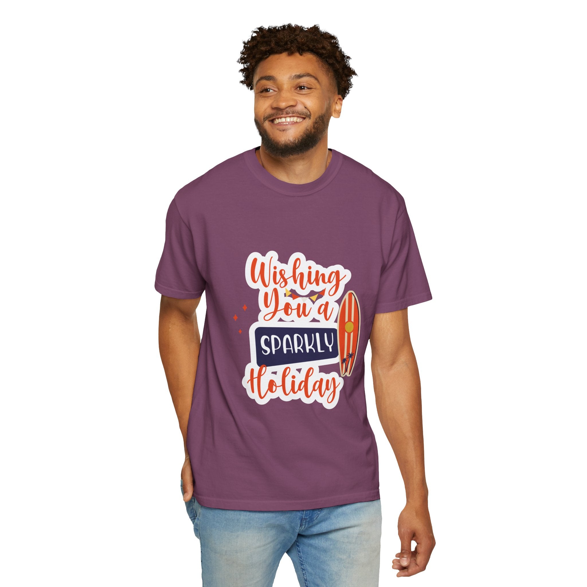 Holiday Surfboard T‑Shirt — "Wishing You a Sparkly Holiday" Beachy Christmas Tee