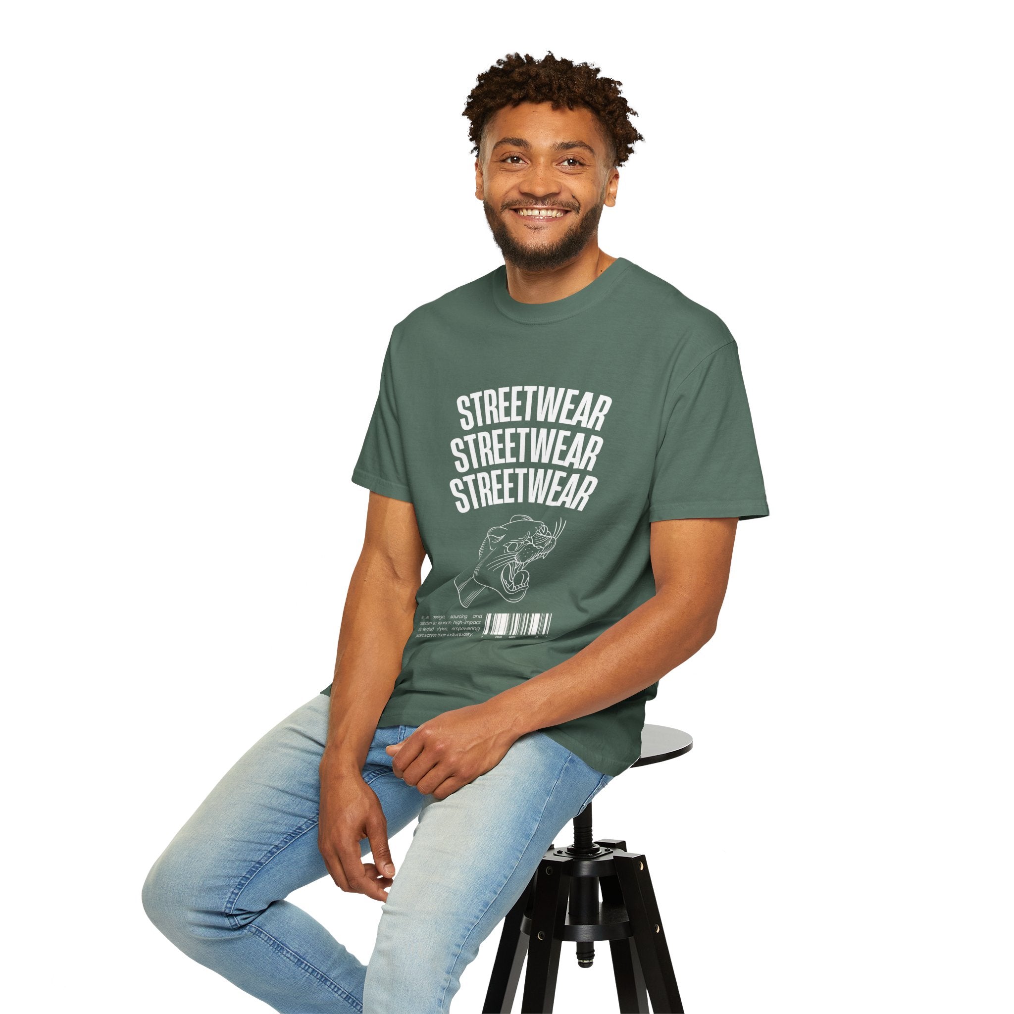 Streetwear Panther T‑Shirt — Graphic Garment-Dyed Tee with 'STREETWEAR' Text & Barcode