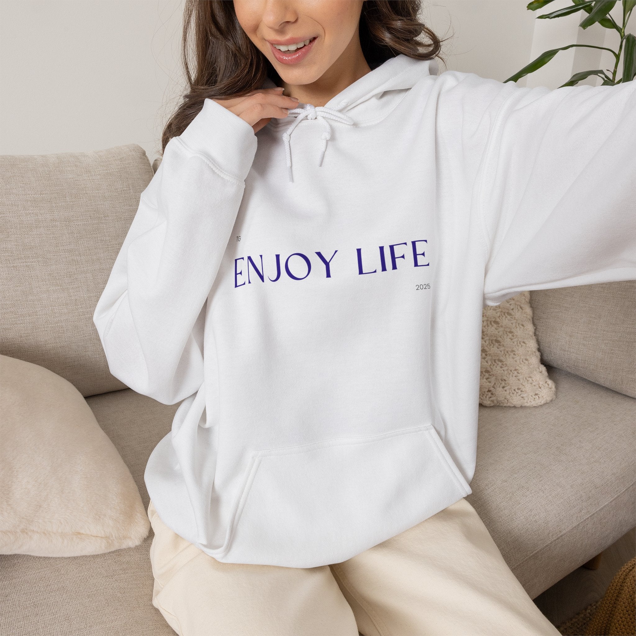 Enjoy Life Hoodie – Minimal Inspirational White Pullover