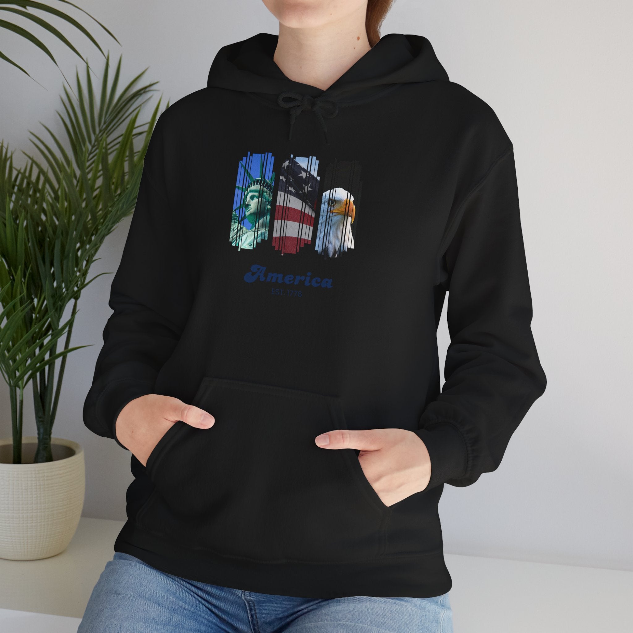 Patriotic America Hoodie – Eagle, Flag & Statue of Liberty Graphic Sweatshirt