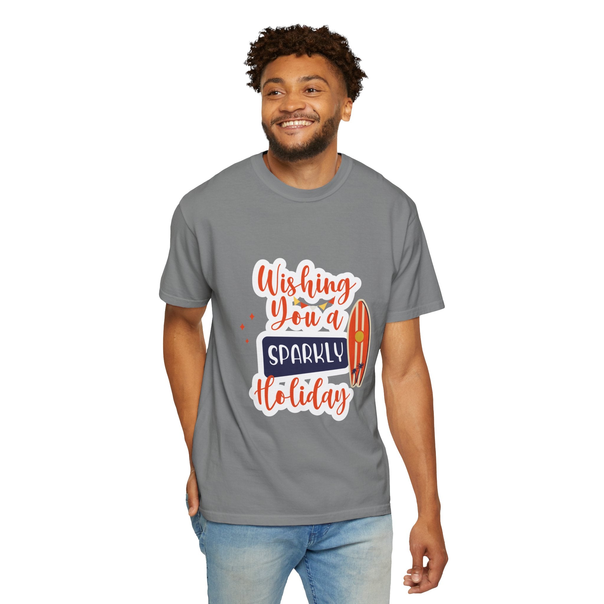 Holiday Surfboard T‑Shirt — "Wishing You a Sparkly Holiday" Beachy Christmas Tee