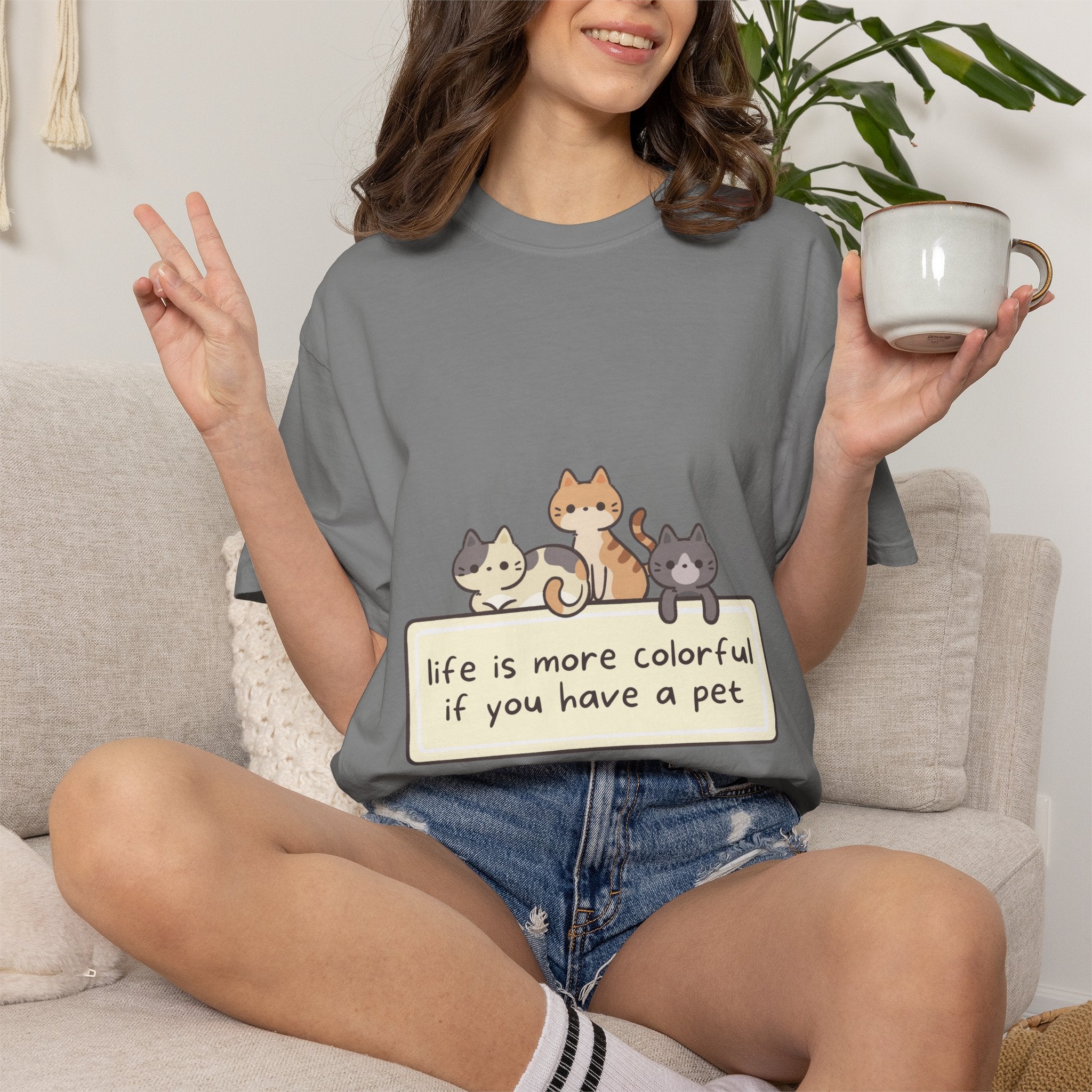 Pet Lover T-Shirt — "Life is More Colorful if You Have a Pet" Cute Cat Illustration