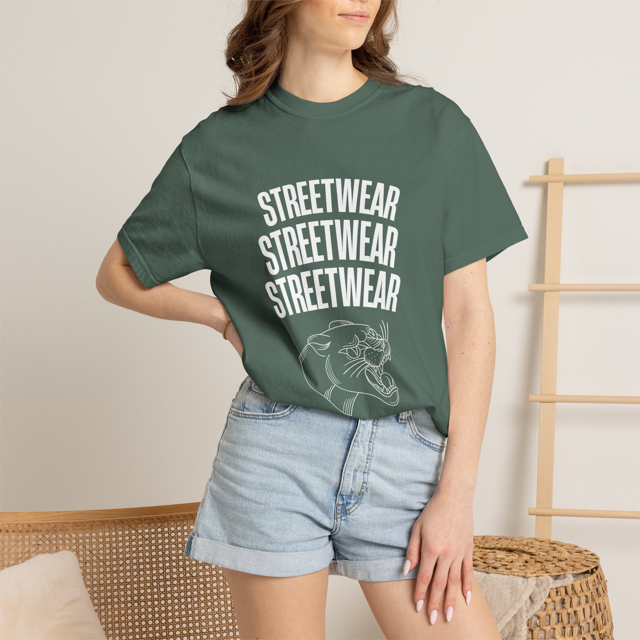 Streetwear Panther T‑Shirt — Graphic Garment-Dyed Tee with 'STREETWEAR' Text & Barcode