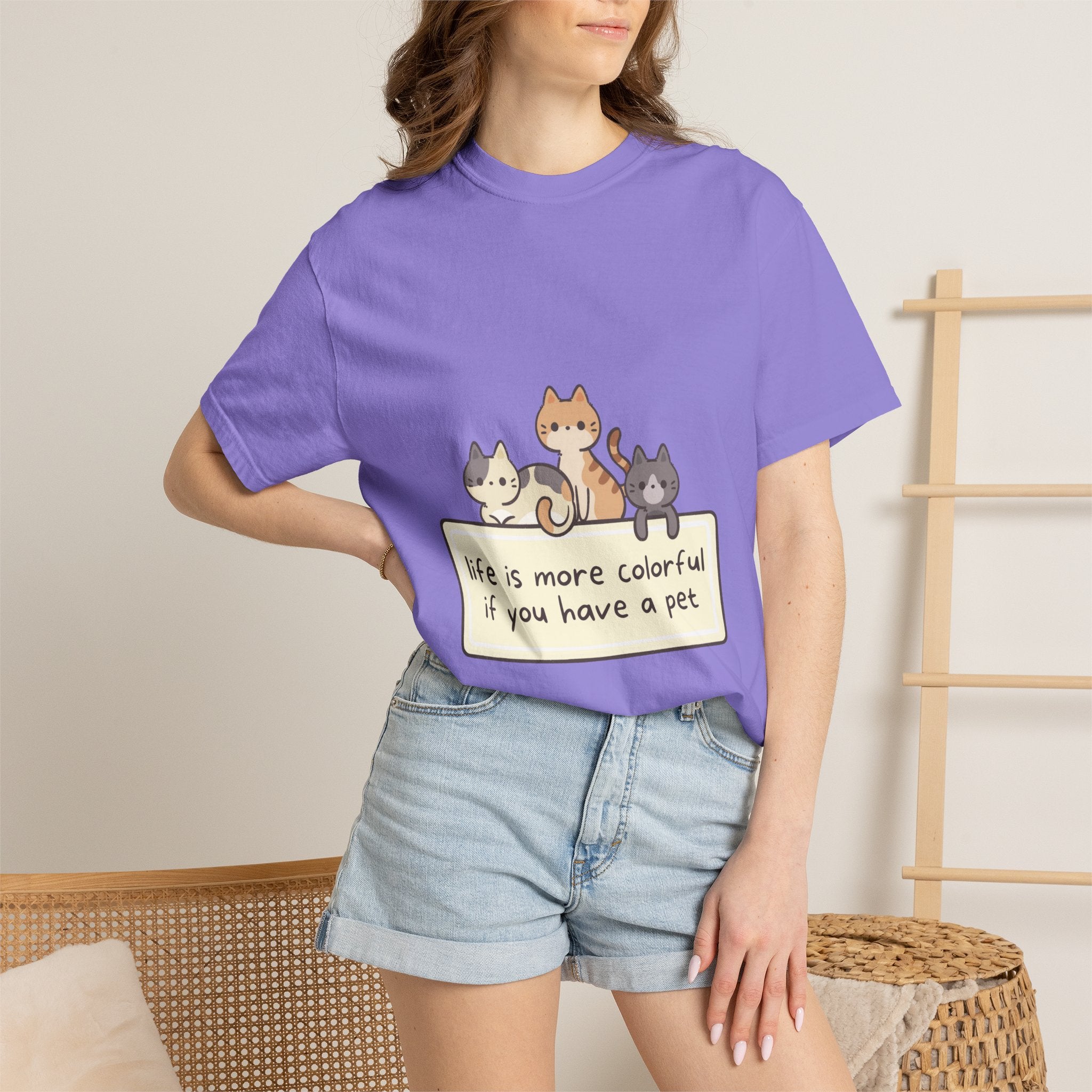 Pet Lover T-Shirt — "Life is More Colorful if You Have a Pet" Cute Cat Illustration