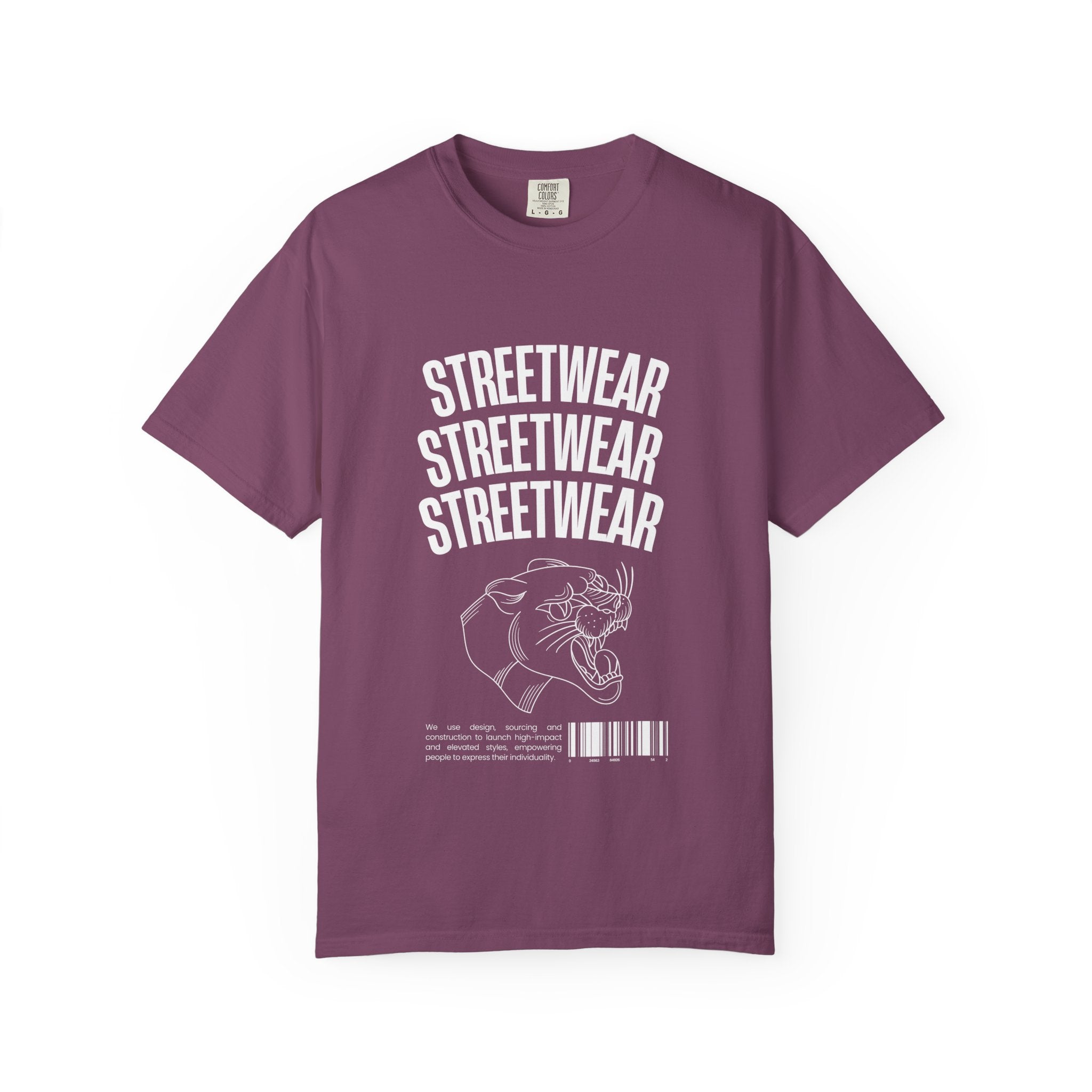 Streetwear Panther T‑Shirt — Graphic Garment-Dyed Tee with 'STREETWEAR' Text & Barcode