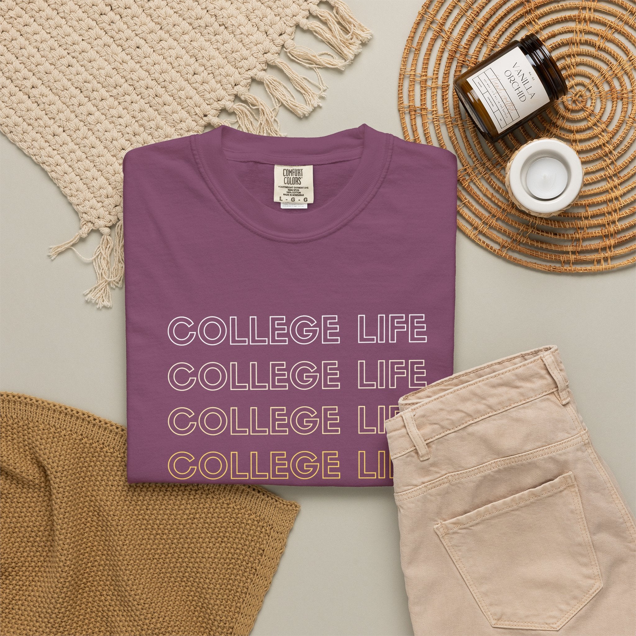 College Life Tee — Retro Repeated Text Graphic T-Shirt