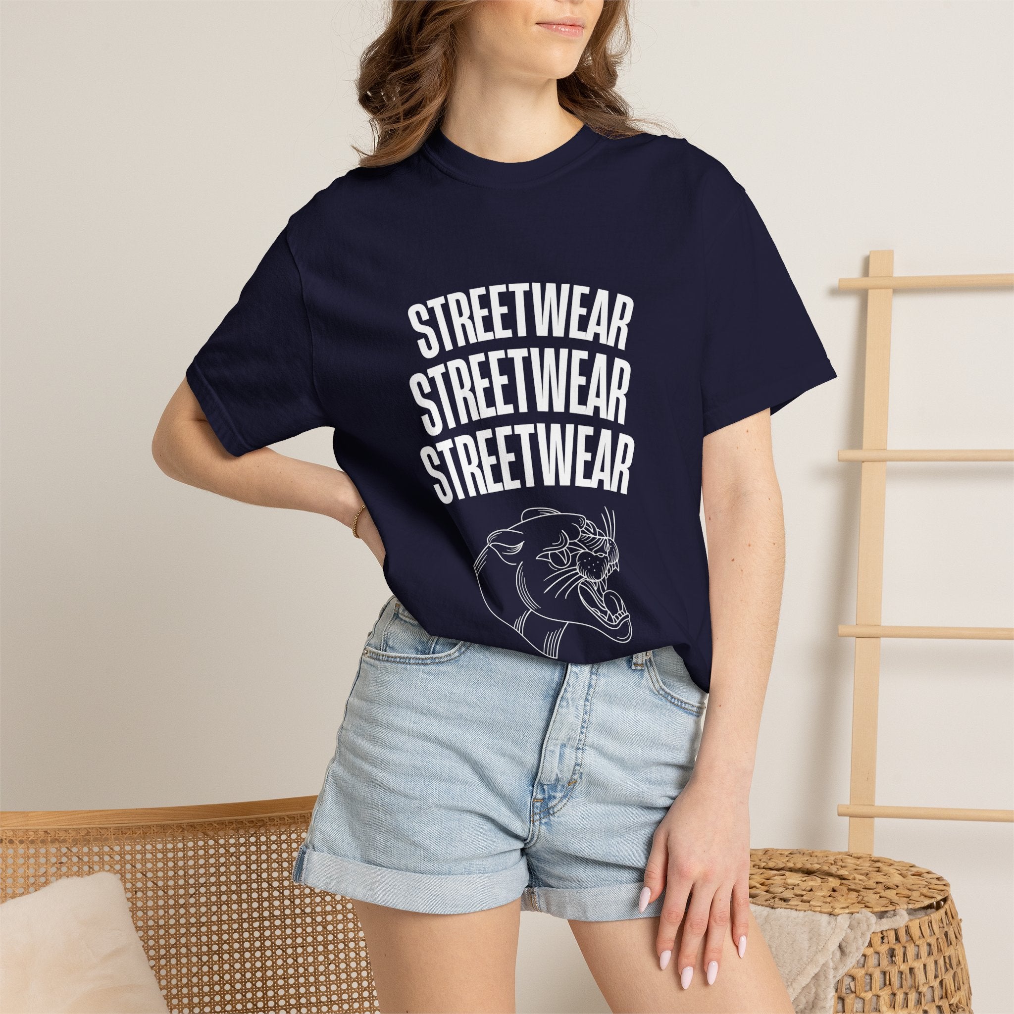 Streetwear Panther T‑Shirt — Graphic Garment-Dyed Tee with 'STREETWEAR' Text & Barcode