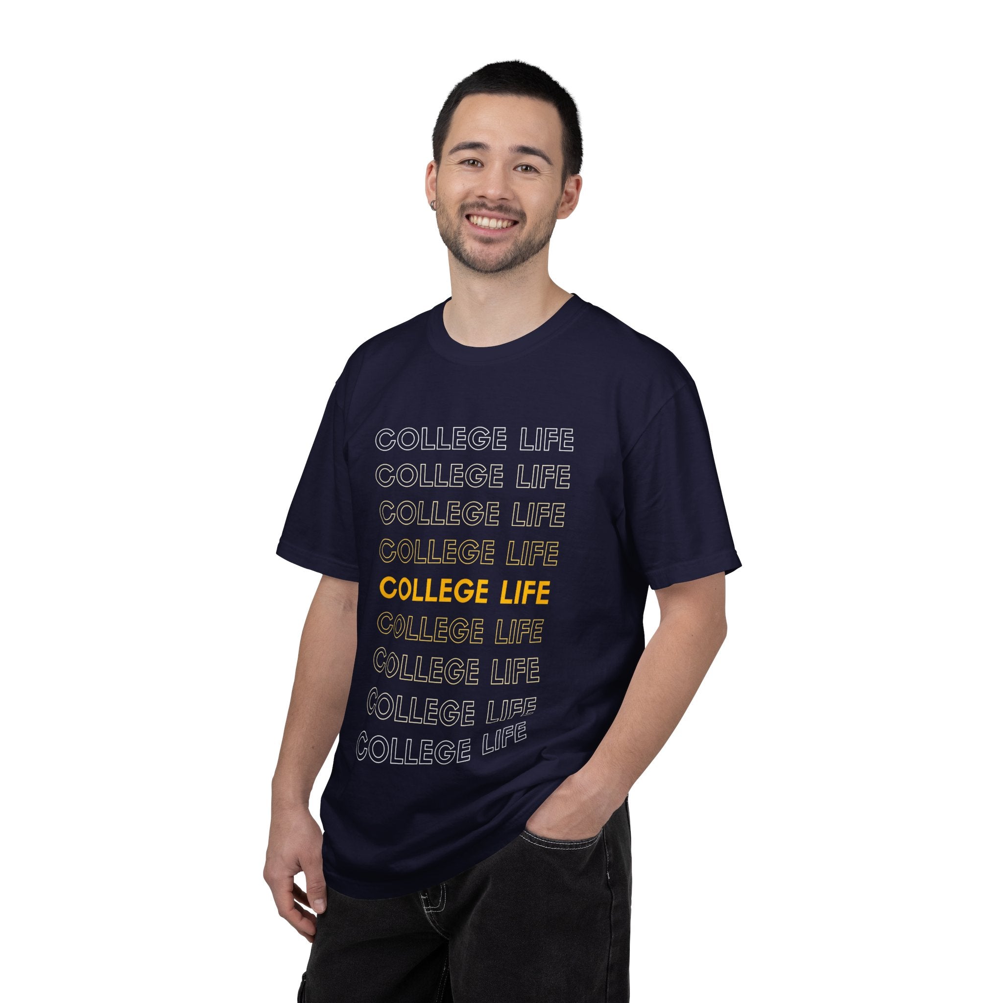 College Life Tee — Retro Repeated Text Graphic T-Shirt