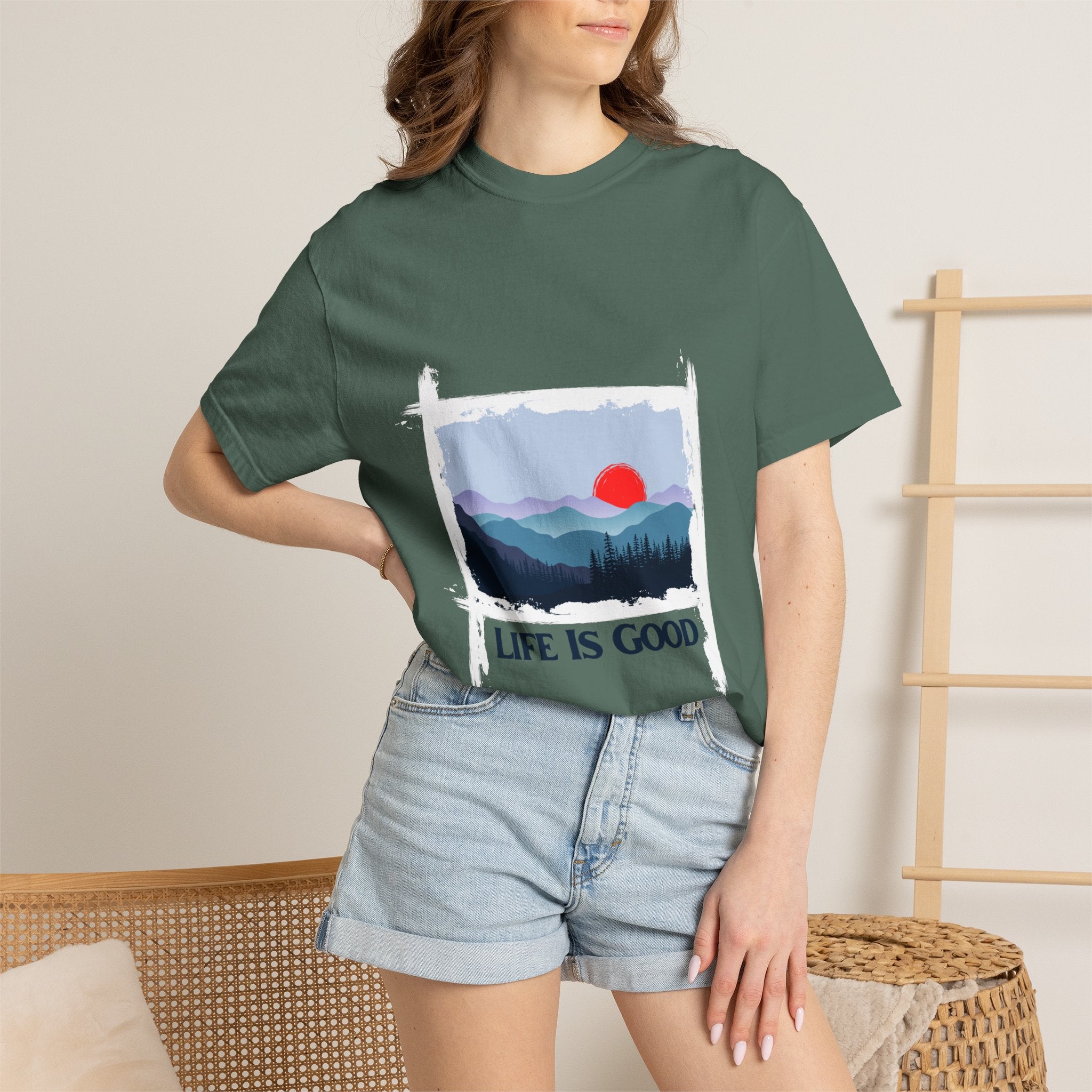 Life Is Good Mountain T-Shirt — Scenic Sunrise Graphic Tee