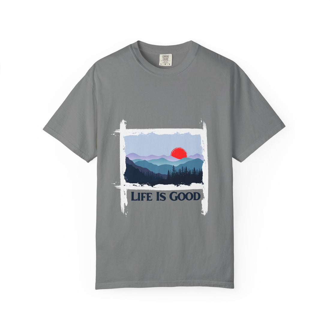 Life Is Good Mountain T-Shirt — Scenic Sunrise Graphic Tee