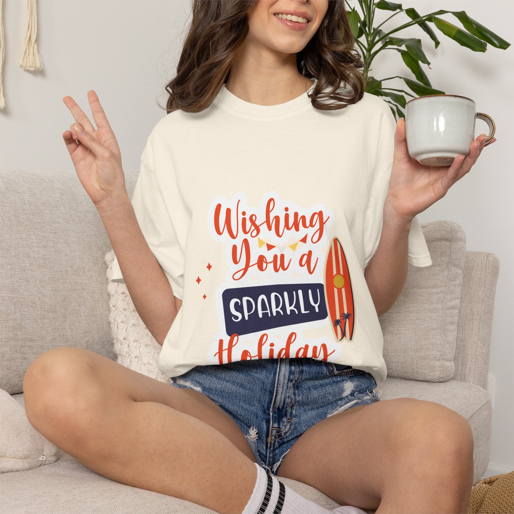 Holiday Surfboard T‑Shirt — "Wishing You a Sparkly Holiday" Beachy Christmas Tee