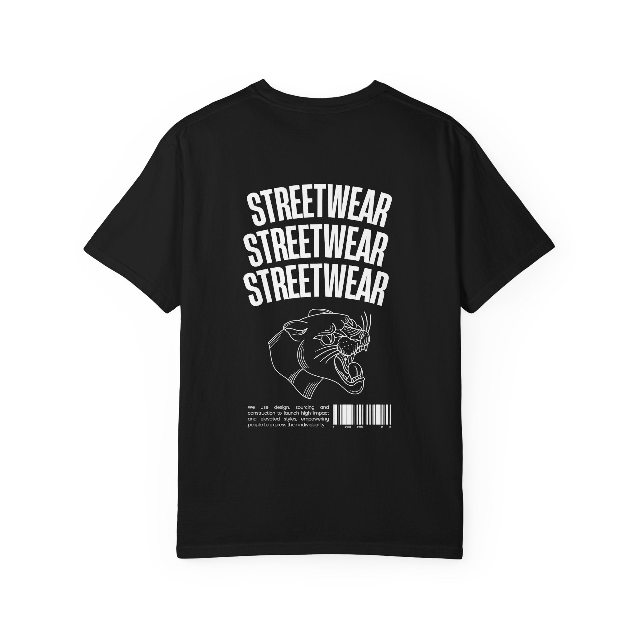 Streetwear Panther T‑Shirt — Graphic Garment-Dyed Tee with 'STREETWEAR' Text & Barcode