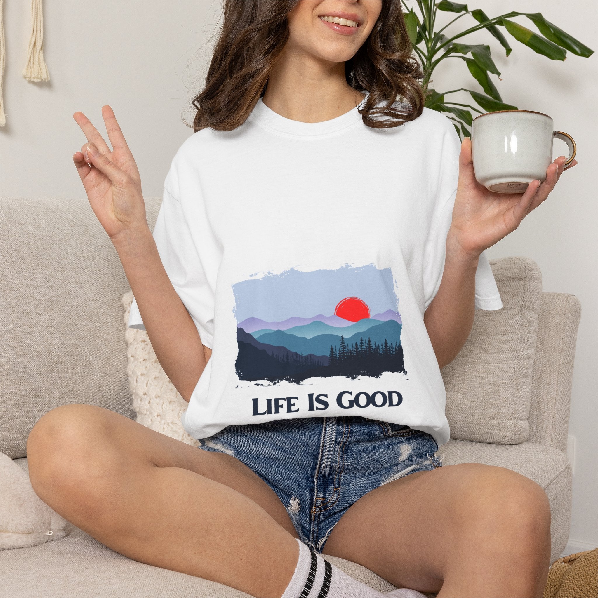 Life Is Good Mountain T-Shirt — Scenic Sunrise Graphic Tee