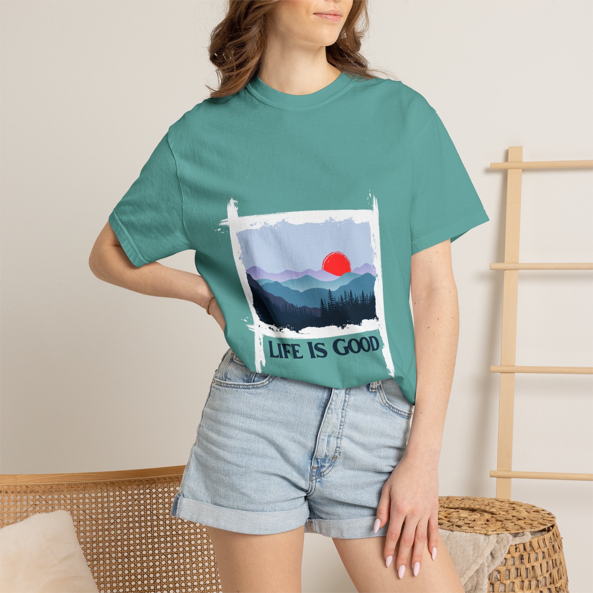 Life Is Good Mountain T-Shirt — Scenic Sunrise Graphic Tee