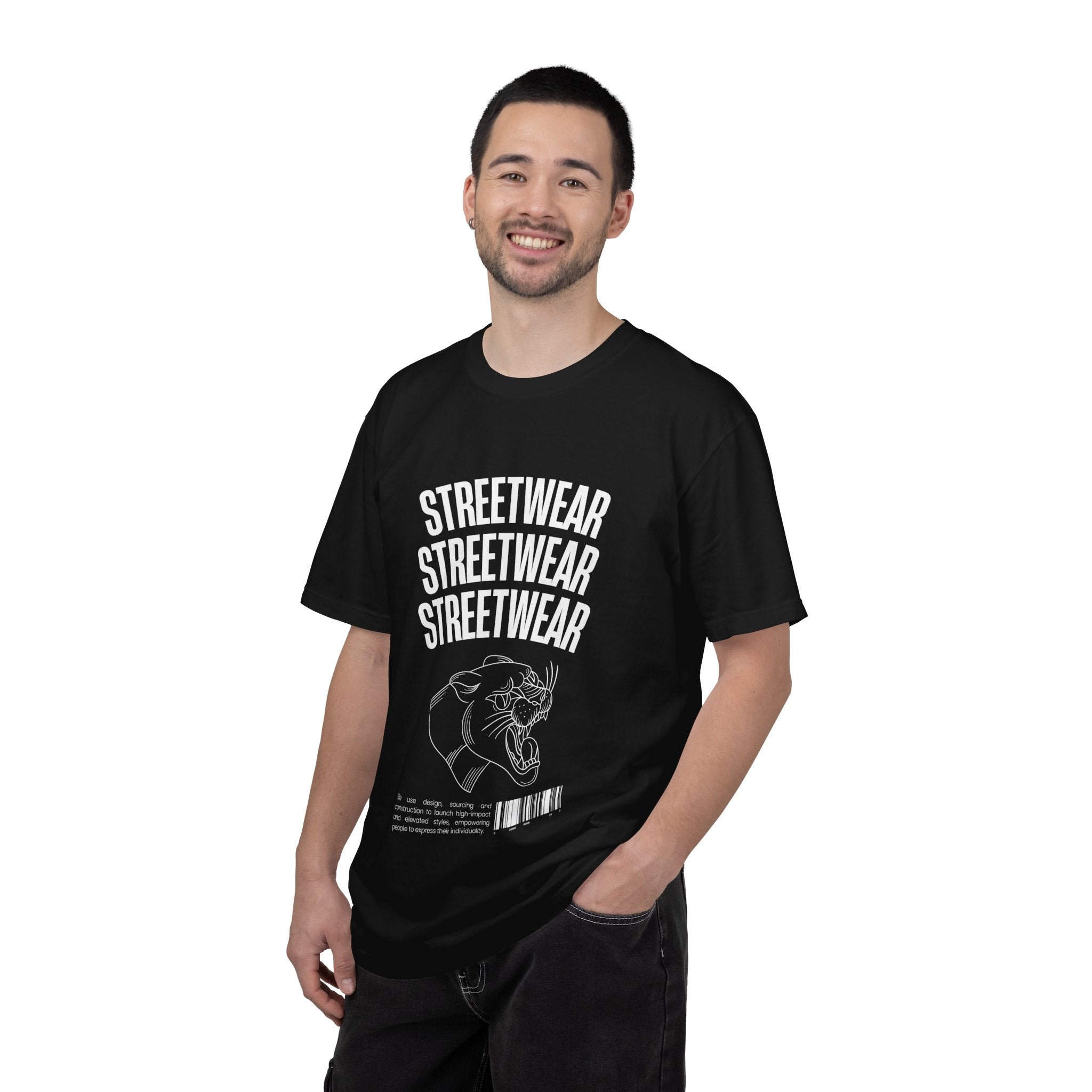 Streetwear Panther T‑Shirt — Graphic Garment-Dyed Tee with 'STREETWEAR' Text & Barcode