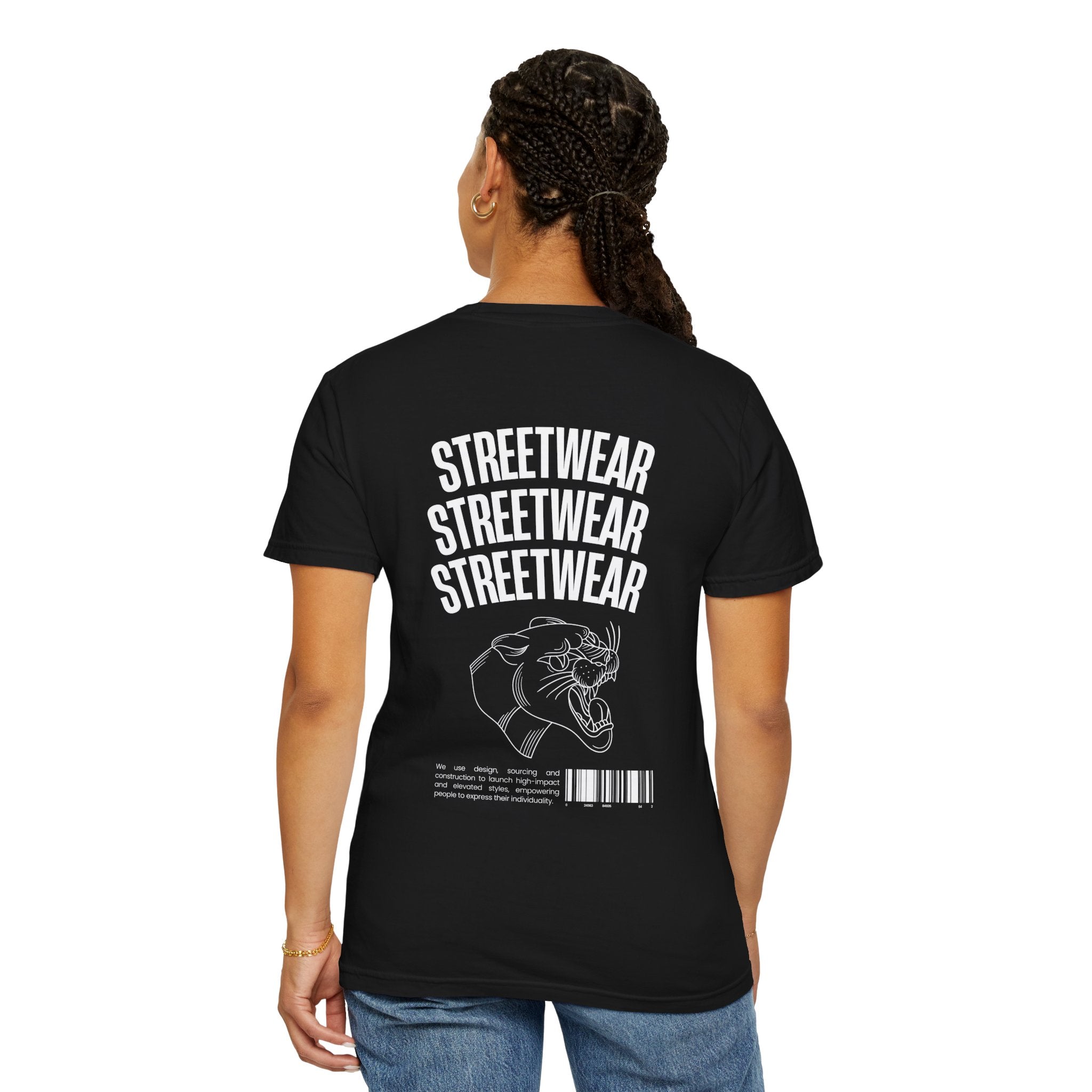 Streetwear Panther T‑Shirt — Graphic Garment-Dyed Tee with 'STREETWEAR' Text & Barcode
