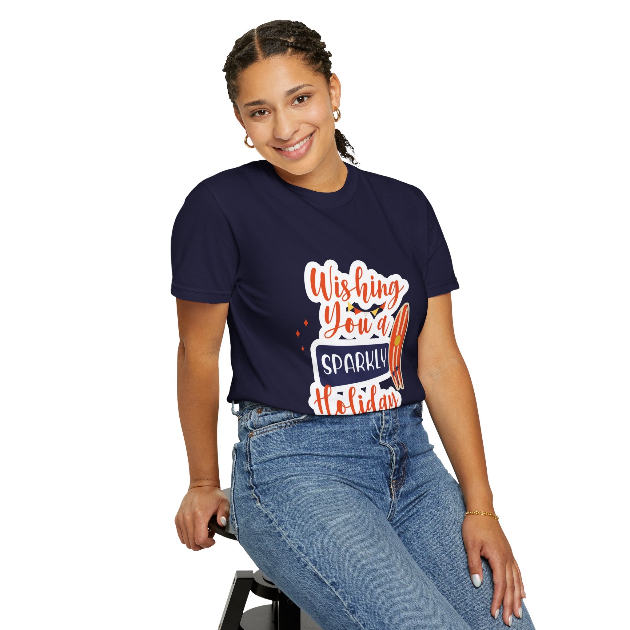 Holiday Surfboard T‑Shirt — "Wishing You a Sparkly Holiday" Beachy Christmas Tee