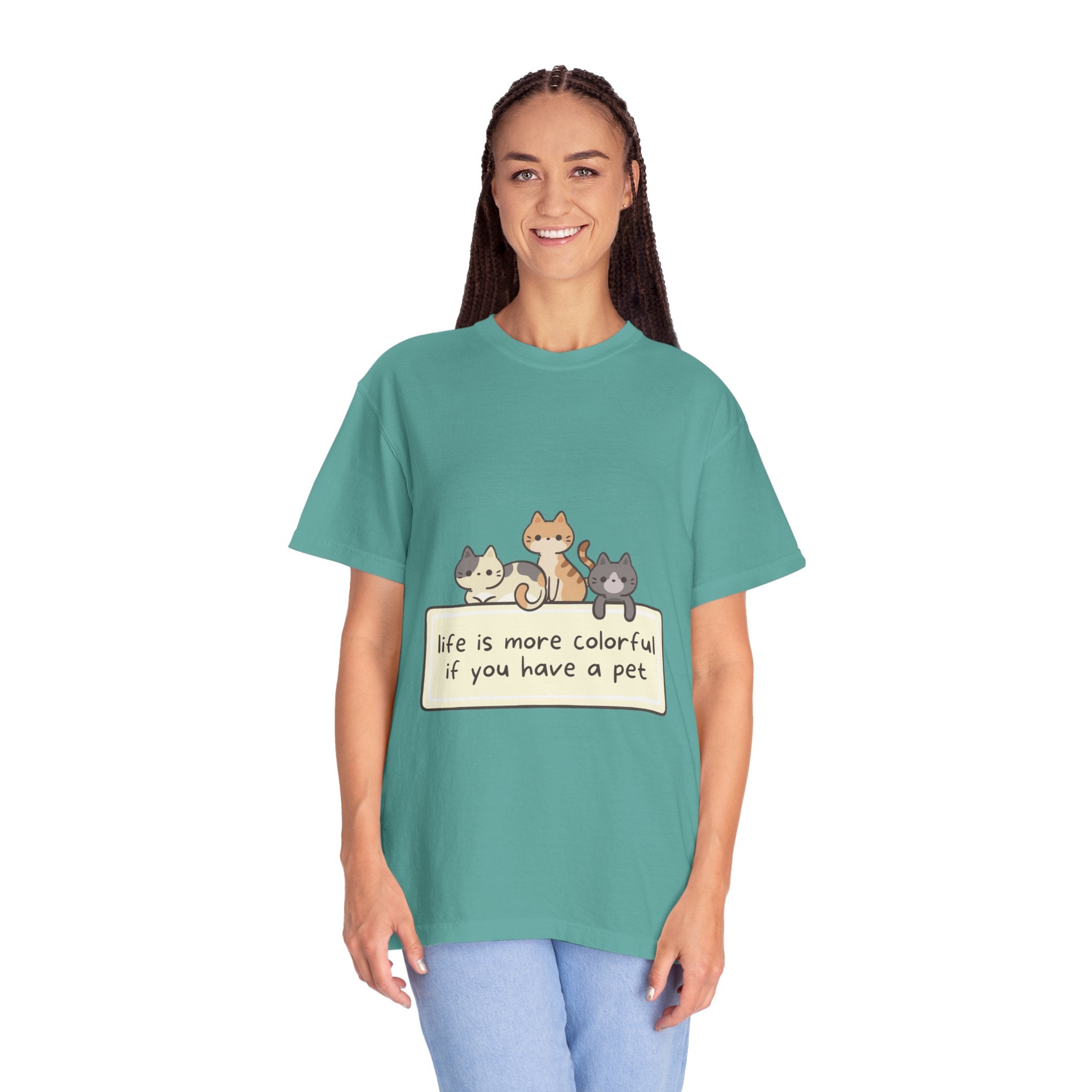 Pet Lover T-Shirt — "Life is More Colorful if You Have a Pet" Cute Cat Illustration