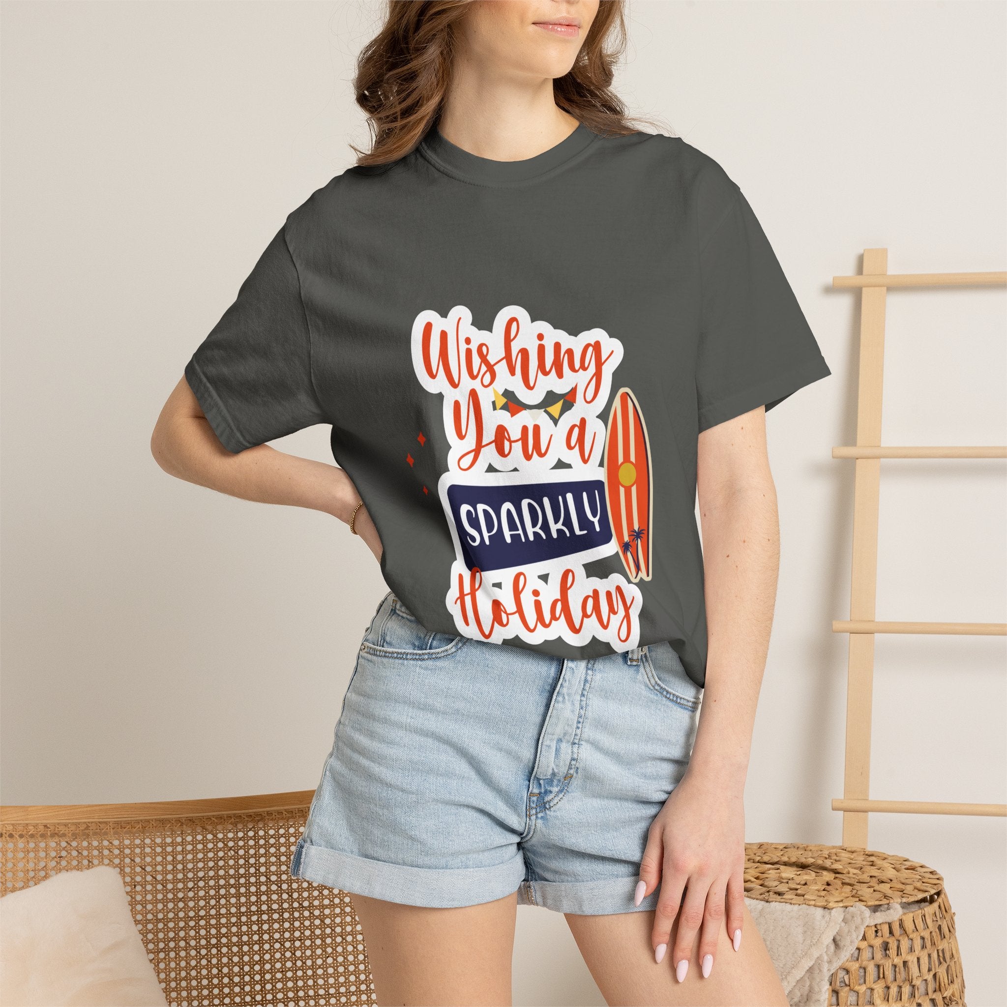 Holiday Surfboard T‑Shirt — "Wishing You a Sparkly Holiday" Beachy Christmas Tee