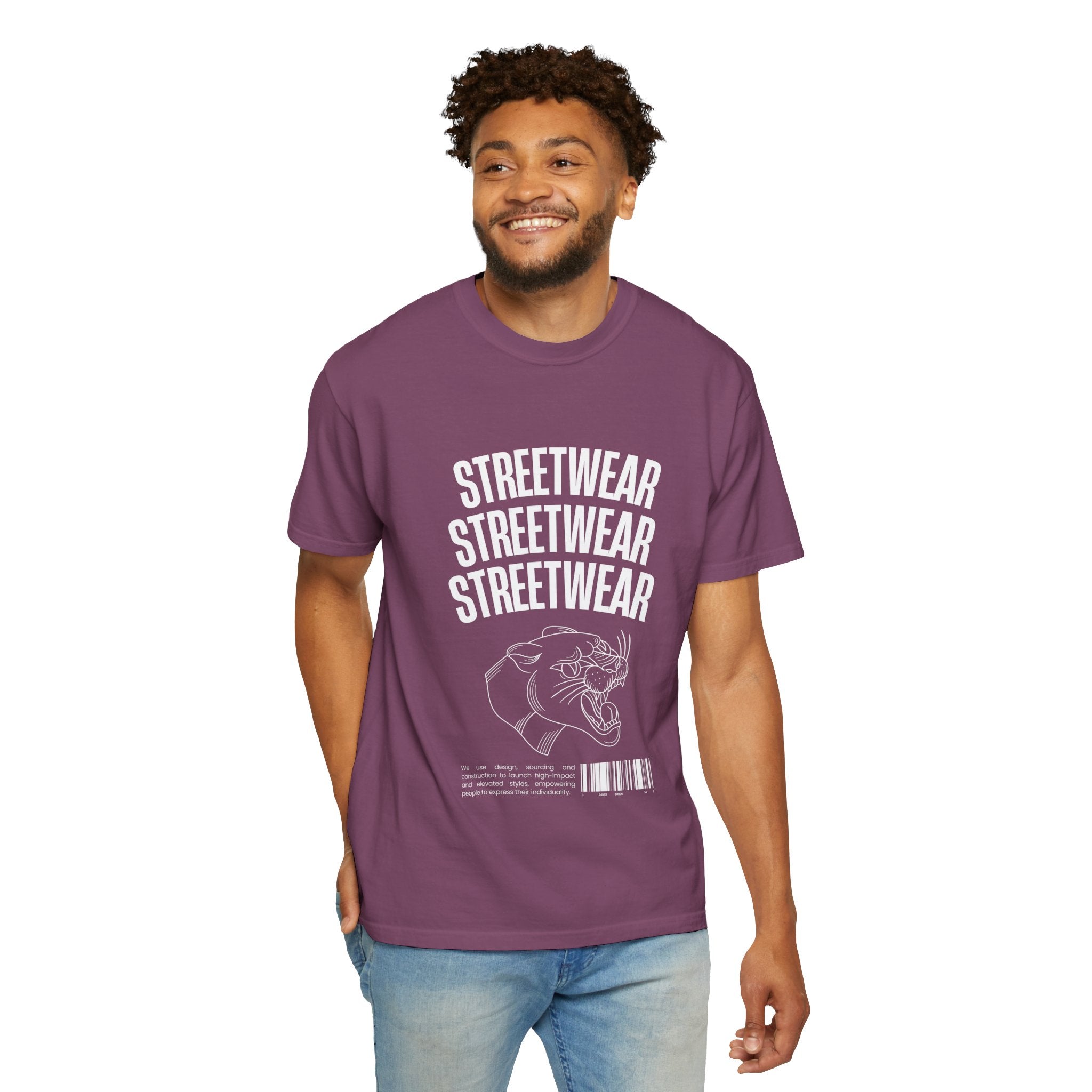 Streetwear Panther T‑Shirt — Graphic Garment-Dyed Tee with 'STREETWEAR' Text & Barcode