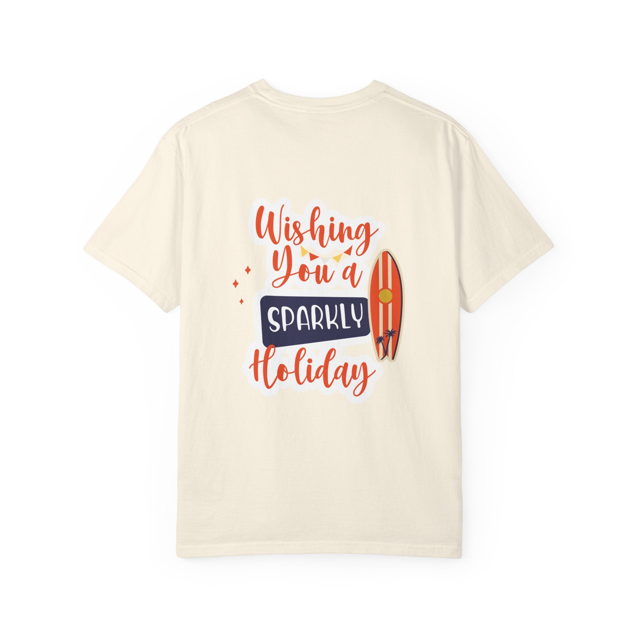Holiday Surfboard T‑Shirt — "Wishing You a Sparkly Holiday" Beachy Christmas Tee