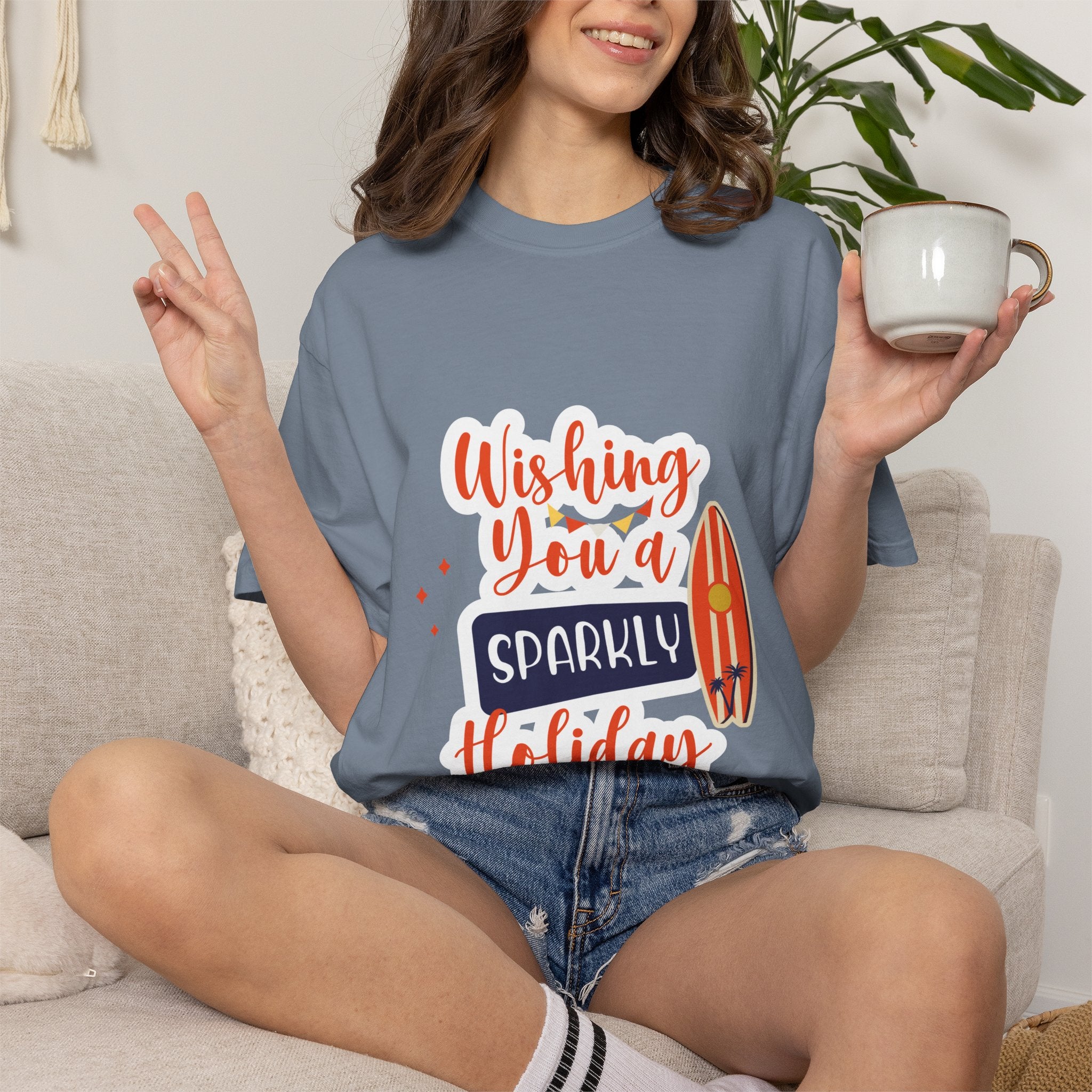 Holiday Surfboard T‑Shirt — "Wishing You a Sparkly Holiday" Beachy Christmas Tee
