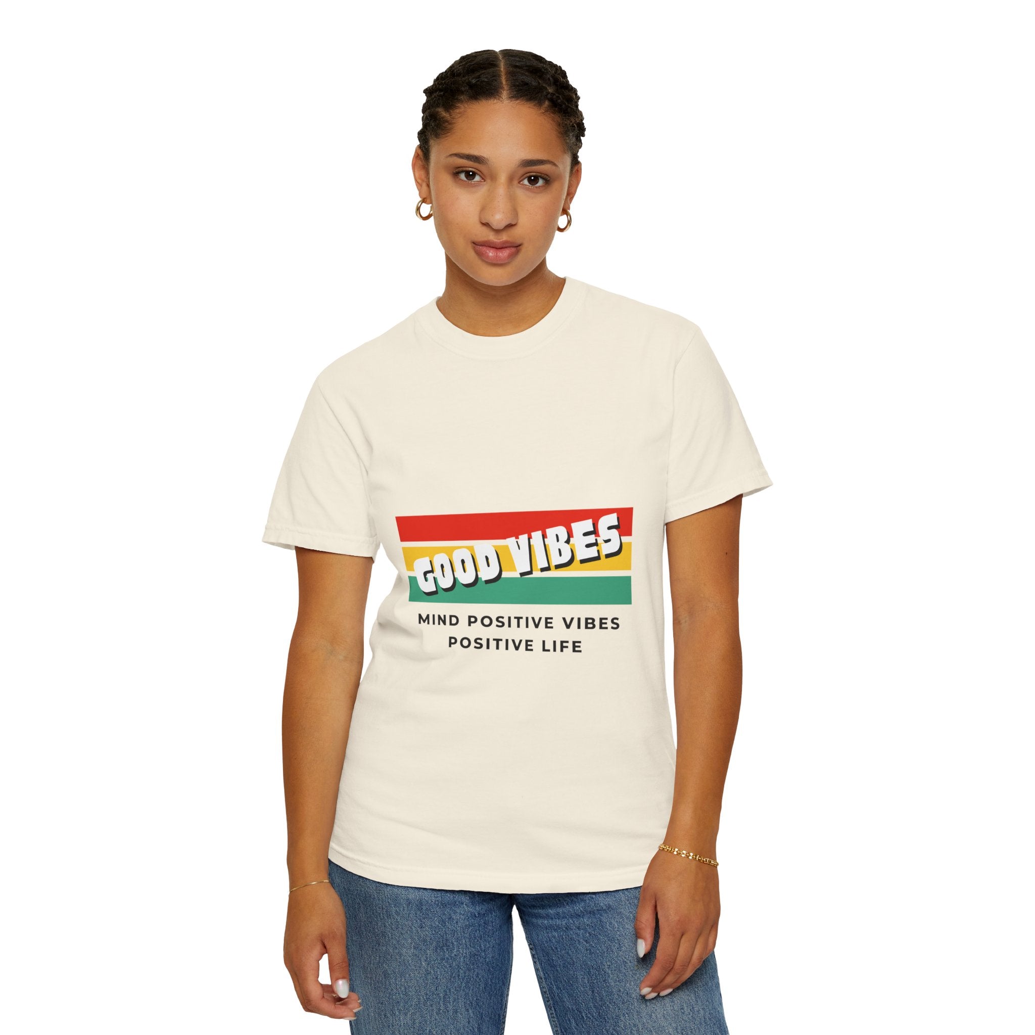 Good Vibes T-Shirt — Retro Stripes “Mind Positive Vibes, Positive Life”