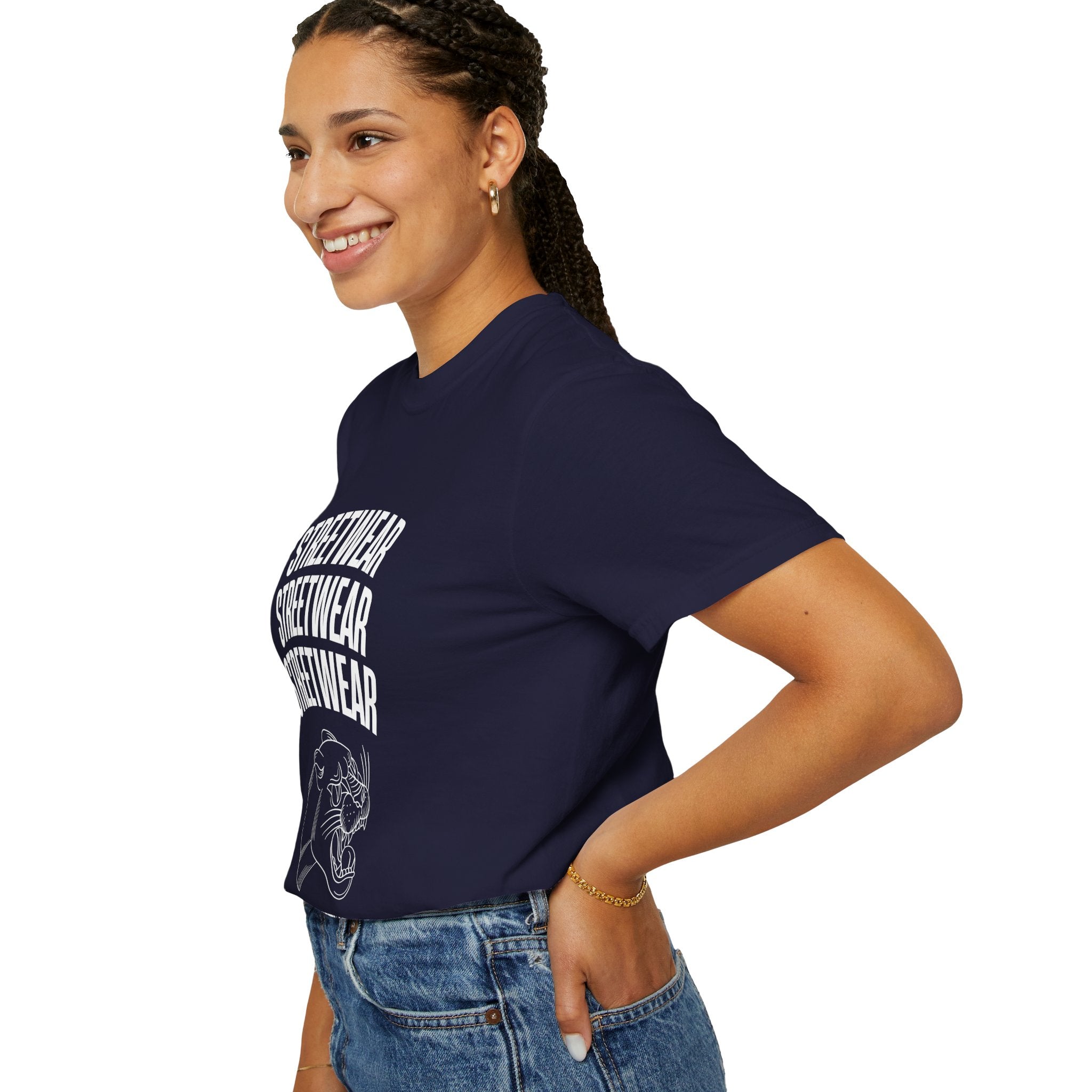 Streetwear Panther T‑Shirt — Graphic Garment-Dyed Tee with 'STREETWEAR' Text & Barcode