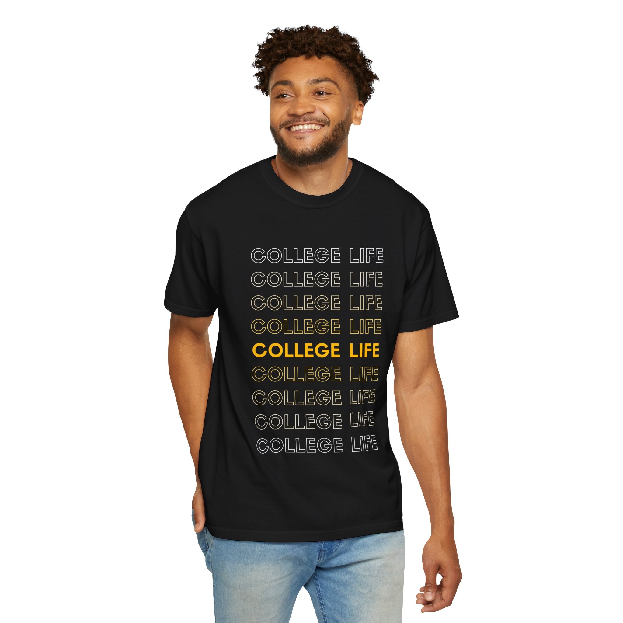College Life Tee — Retro Repeated Text Graphic T-Shirt