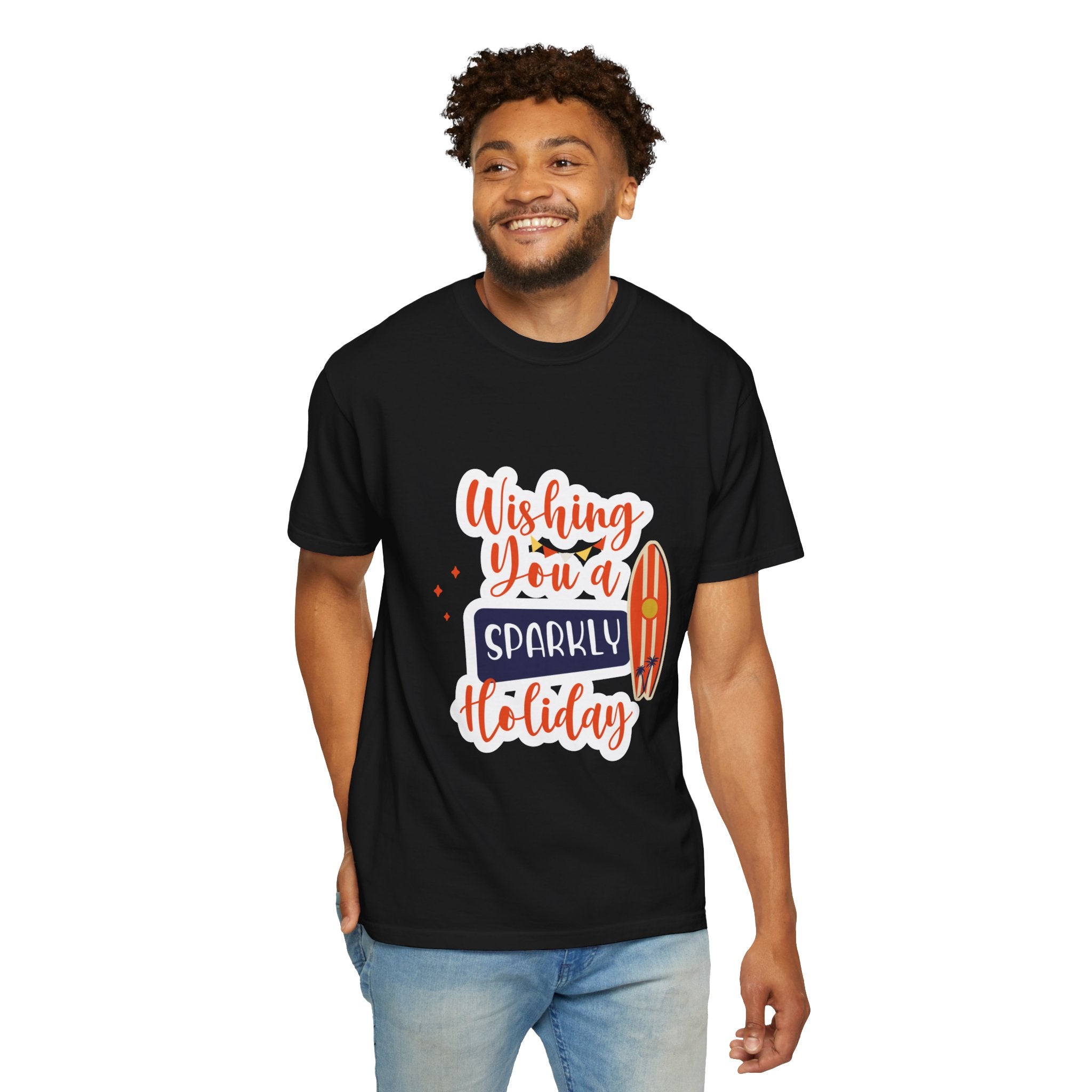 Holiday Surfboard T‑Shirt — "Wishing You a Sparkly Holiday" Beachy Christmas Tee