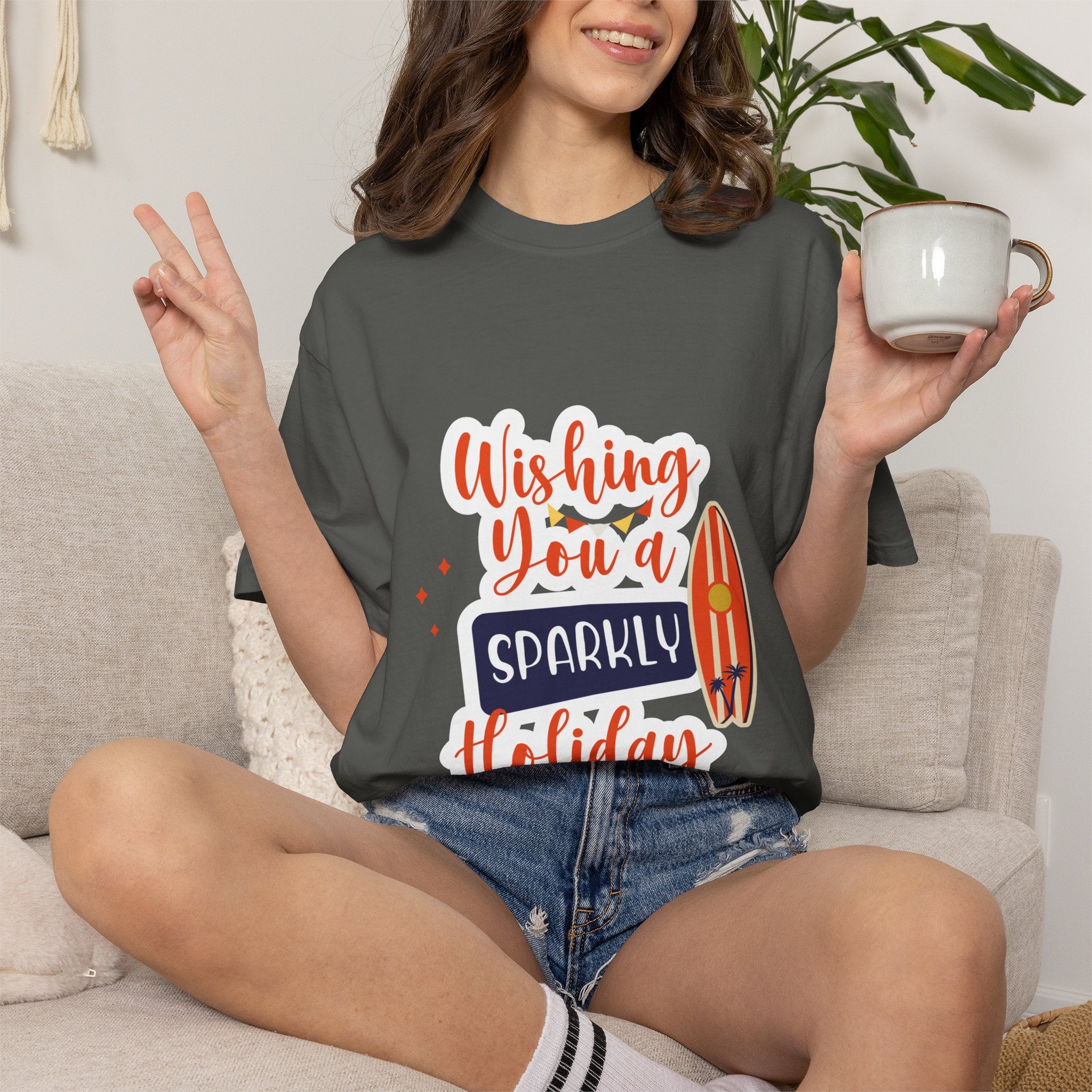 Holiday Surfboard T‑Shirt — "Wishing You a Sparkly Holiday" Beachy Christmas Tee