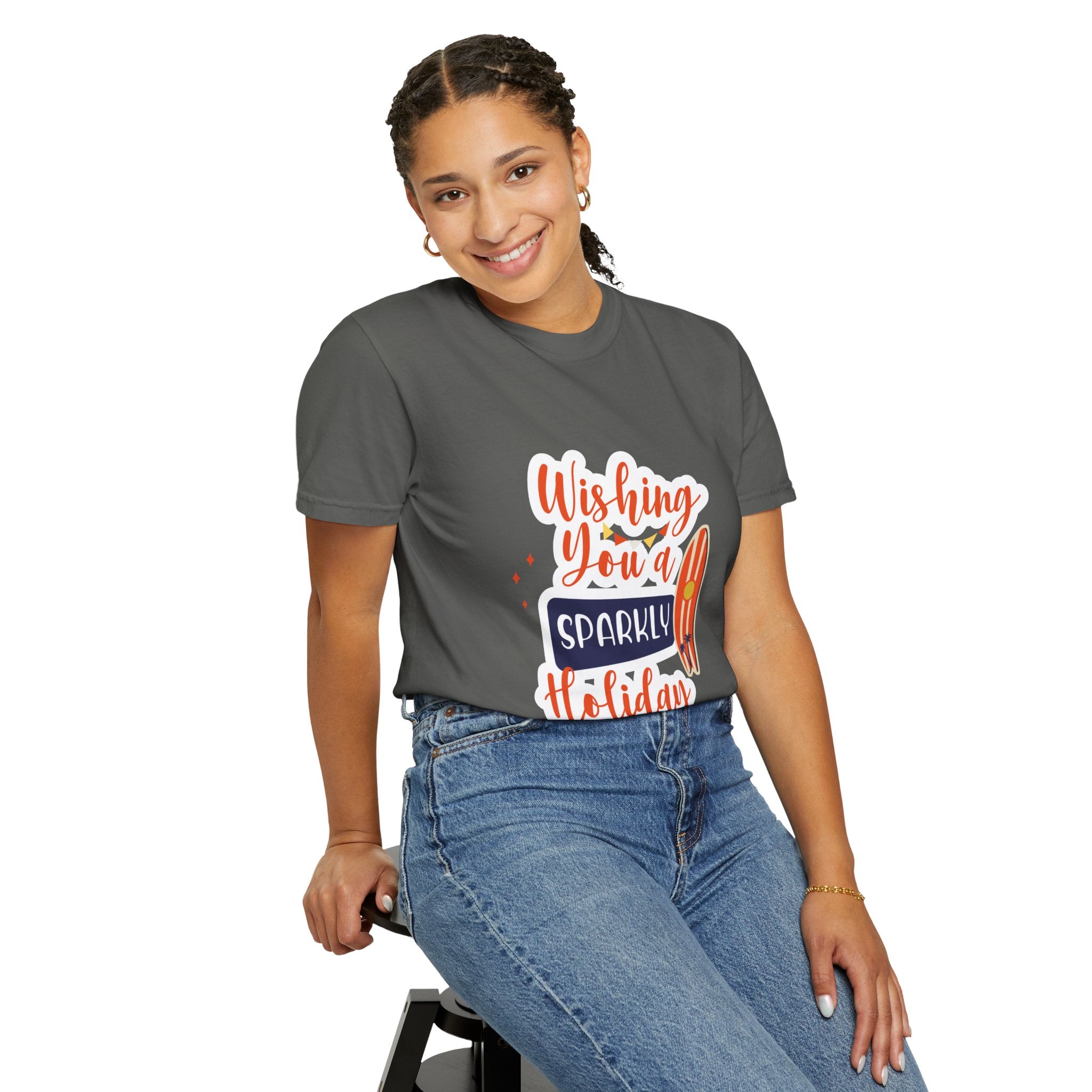 Holiday Surfboard T‑Shirt — "Wishing You a Sparkly Holiday" Beachy Christmas Tee