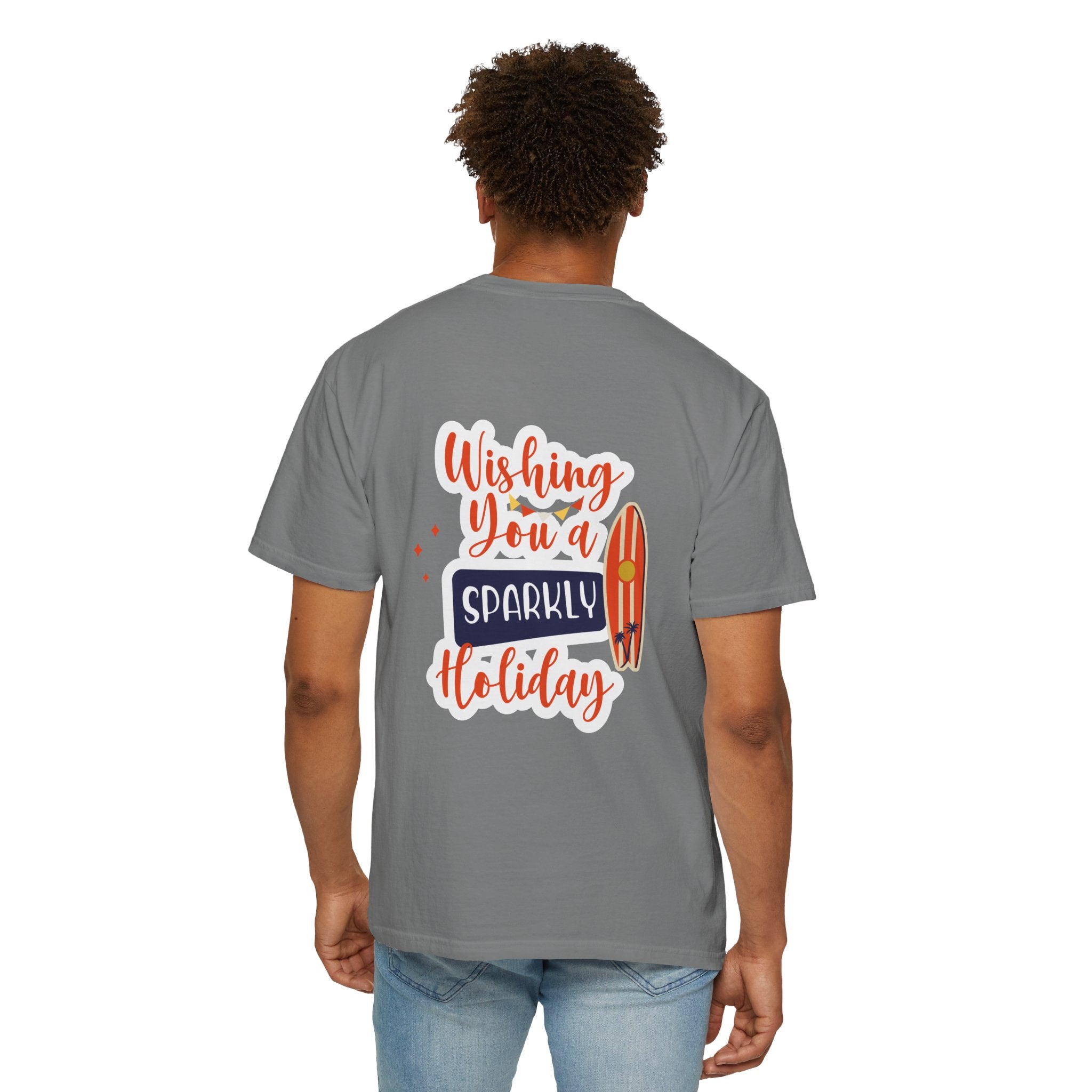 Holiday Surfboard T‑Shirt — "Wishing You a Sparkly Holiday" Beachy Christmas Tee
