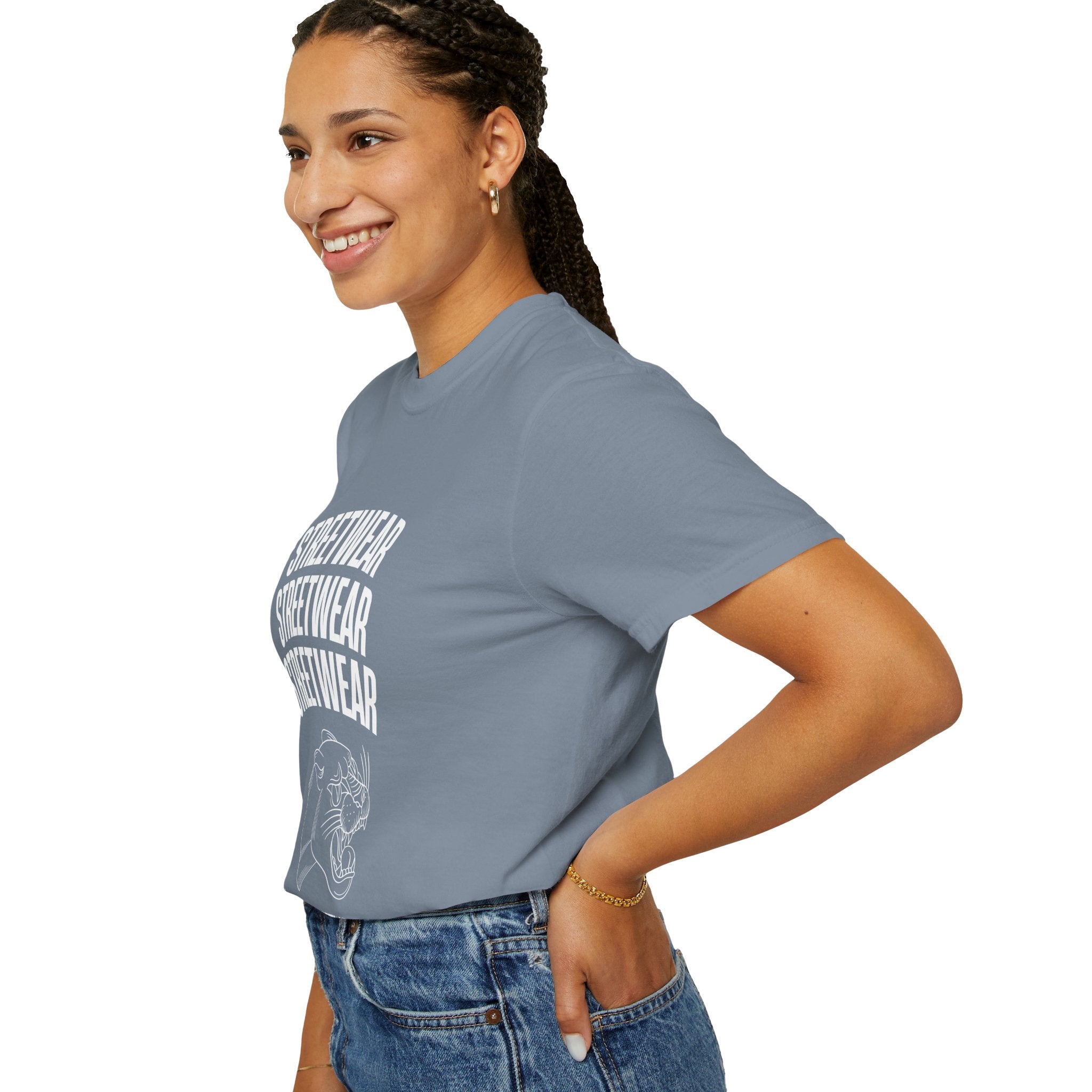Streetwear Panther T‑Shirt — Graphic Garment-Dyed Tee with 'STREETWEAR' Text & Barcode