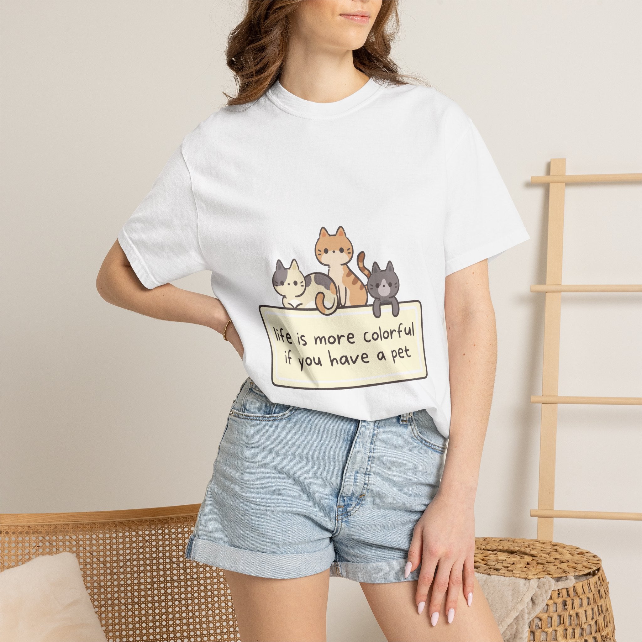 Pet Lover T-Shirt — "Life is More Colorful if You Have a Pet" Cute Cat Illustration