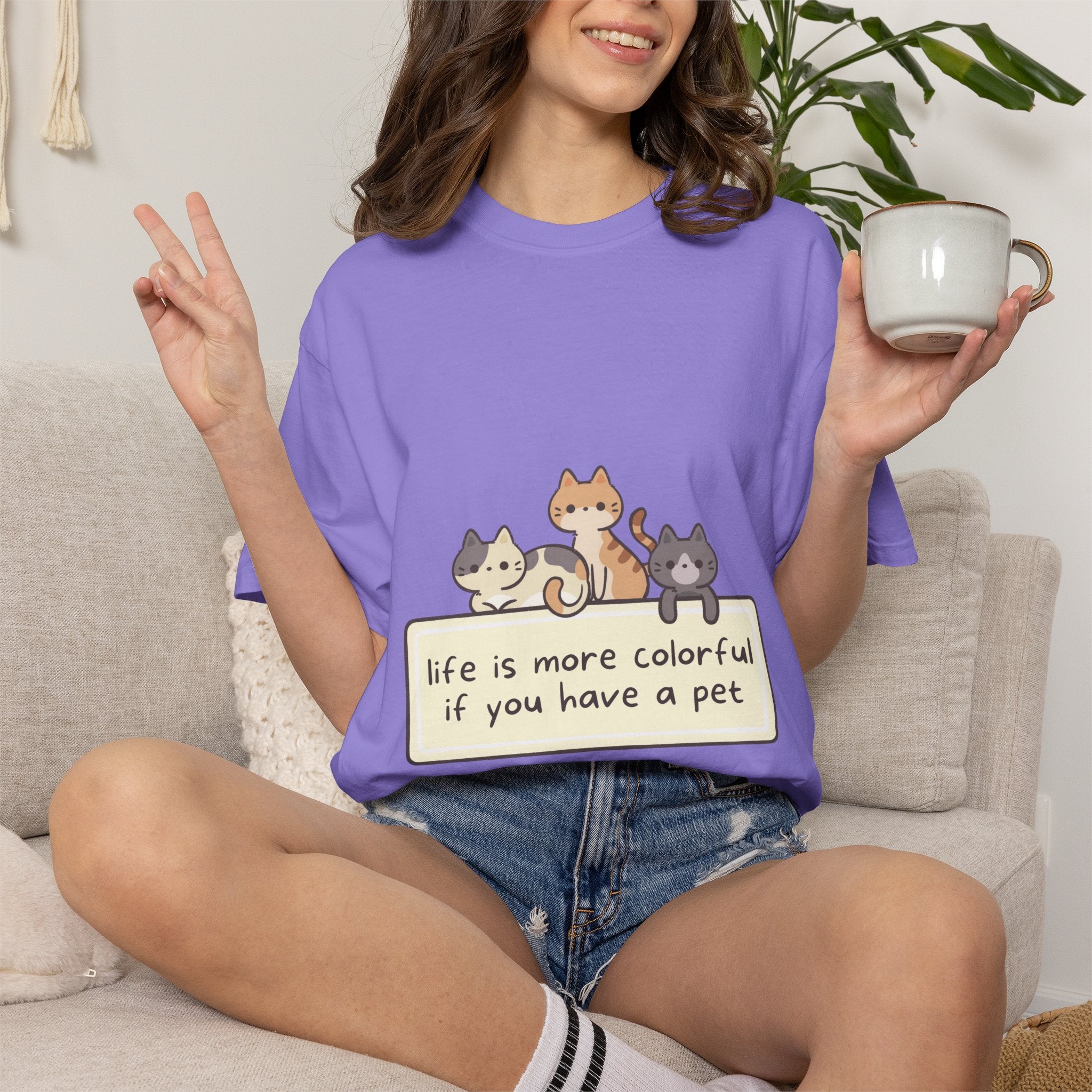 Pet Lover T-Shirt — "Life is More Colorful if You Have a Pet" Cute Cat Illustration