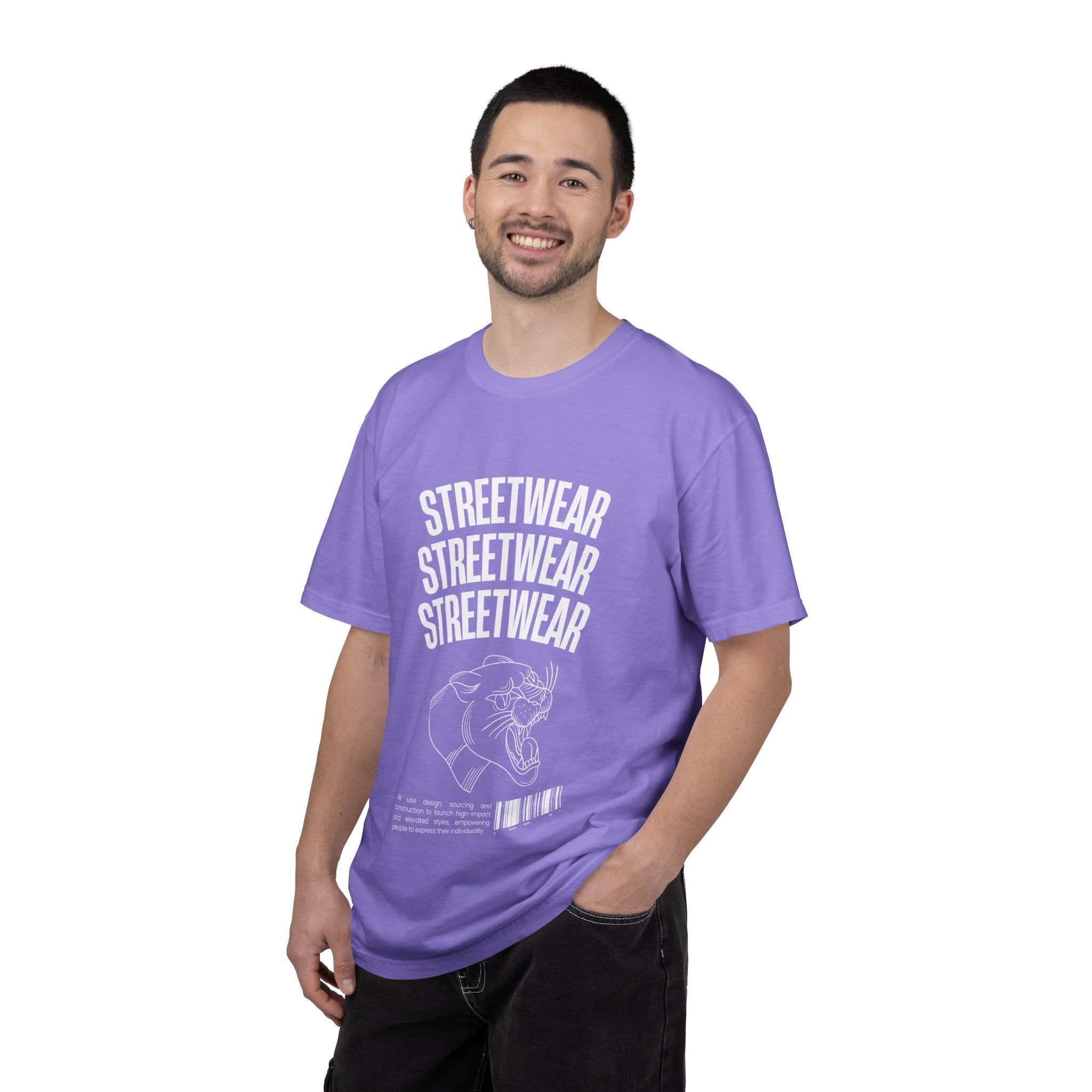 Streetwear Panther T‑Shirt — Graphic Garment-Dyed Tee with 'STREETWEAR' Text & Barcode