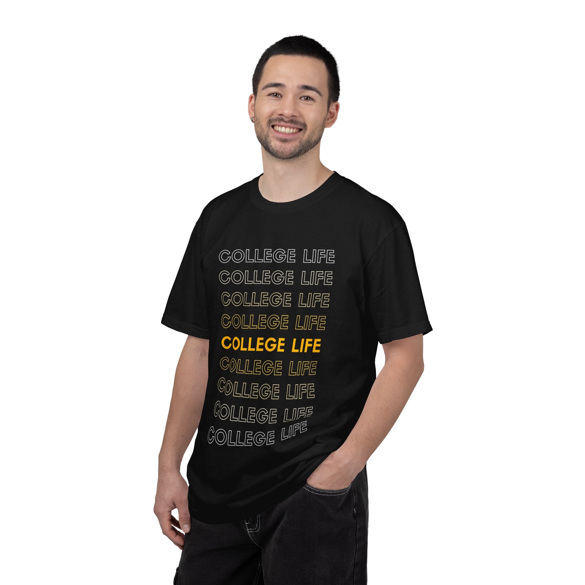 College Life Tee — Retro Repeated Text Graphic T-Shirt